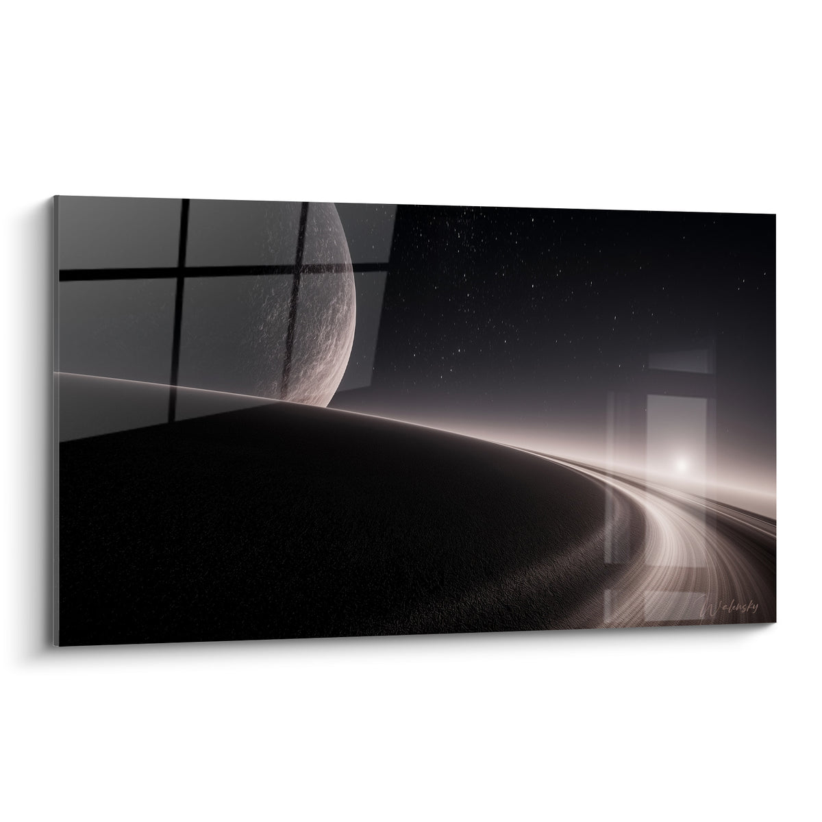 Lune grise texturée surplombant une dune noire sous ciel étoilé, tableau Planète style spatial