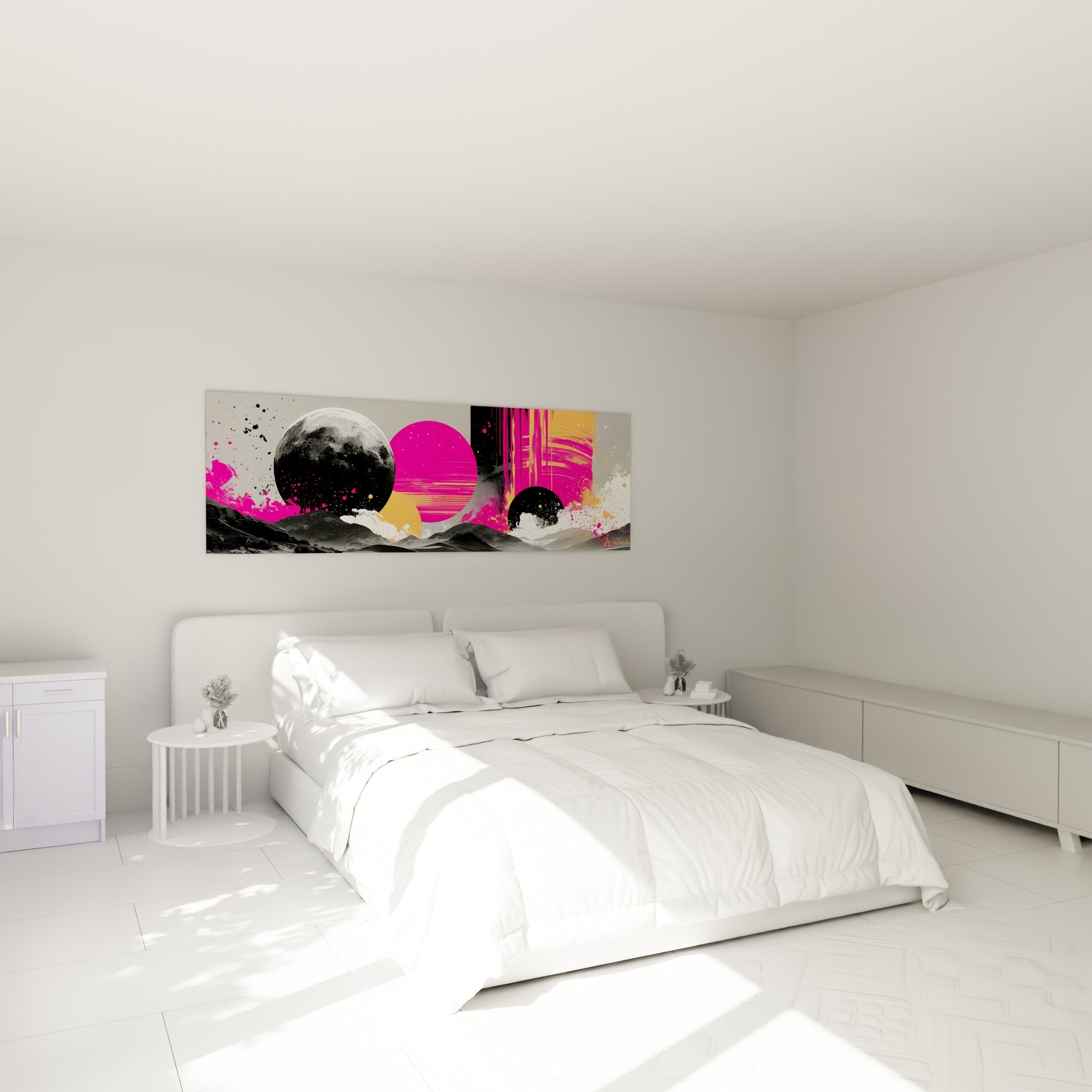 Planète rose fuchsia et lune grise texturée accrochées au-dessus d'un lit dans une chambre claire