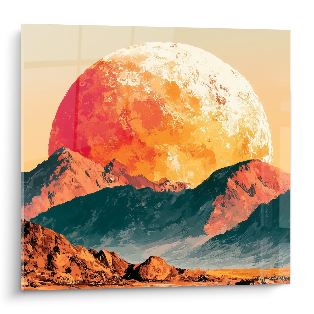 Lune orange et rose géante surplombant des montagnes bleu pétrole, style peinture texturée.