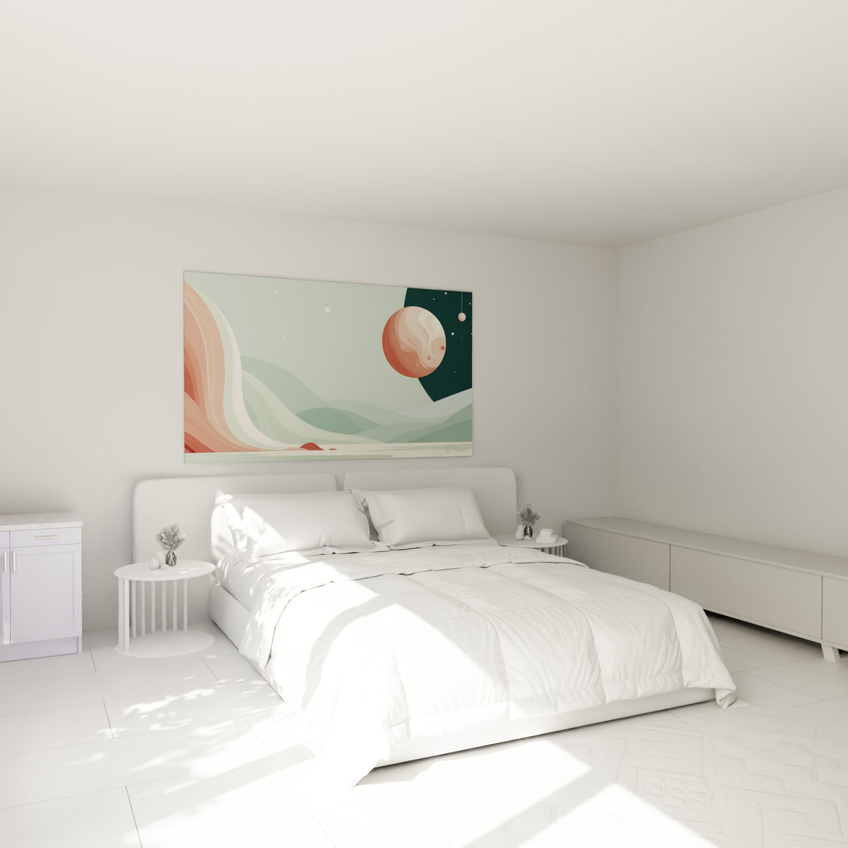 Sphère céleste terracotta et vert sauge accrochée au-dessus d'un lit dans une chambre claire