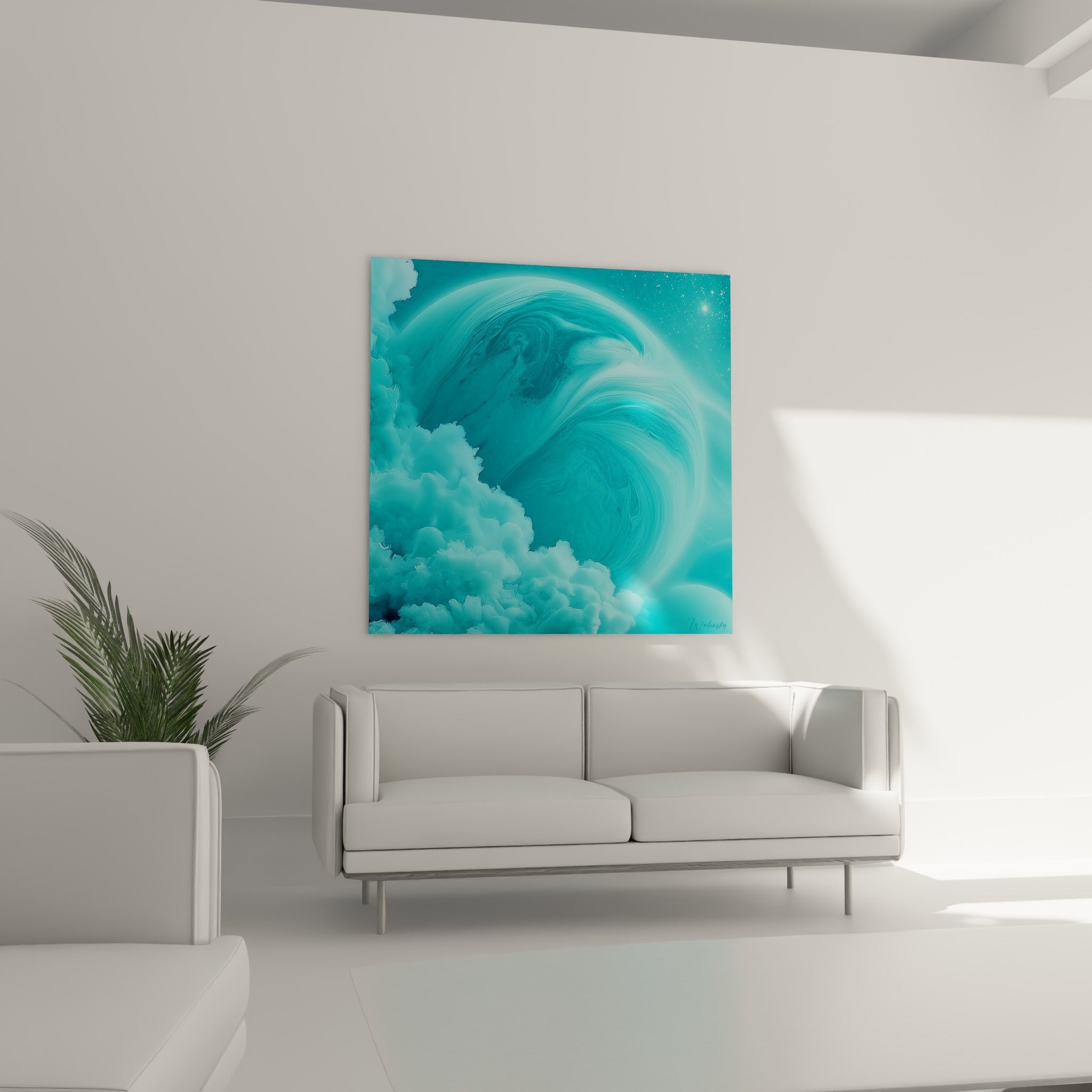 Globe marbré turquoise et bleu ciel entouré de nuages denses au-dessus d'un canapé dans un salon lumineux