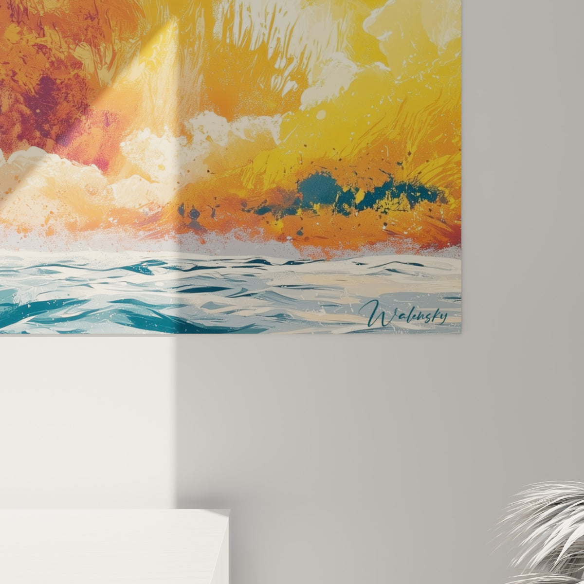 Matière picturale empâtée de la planète orange révélant coulures jaunes et touches bleu marine