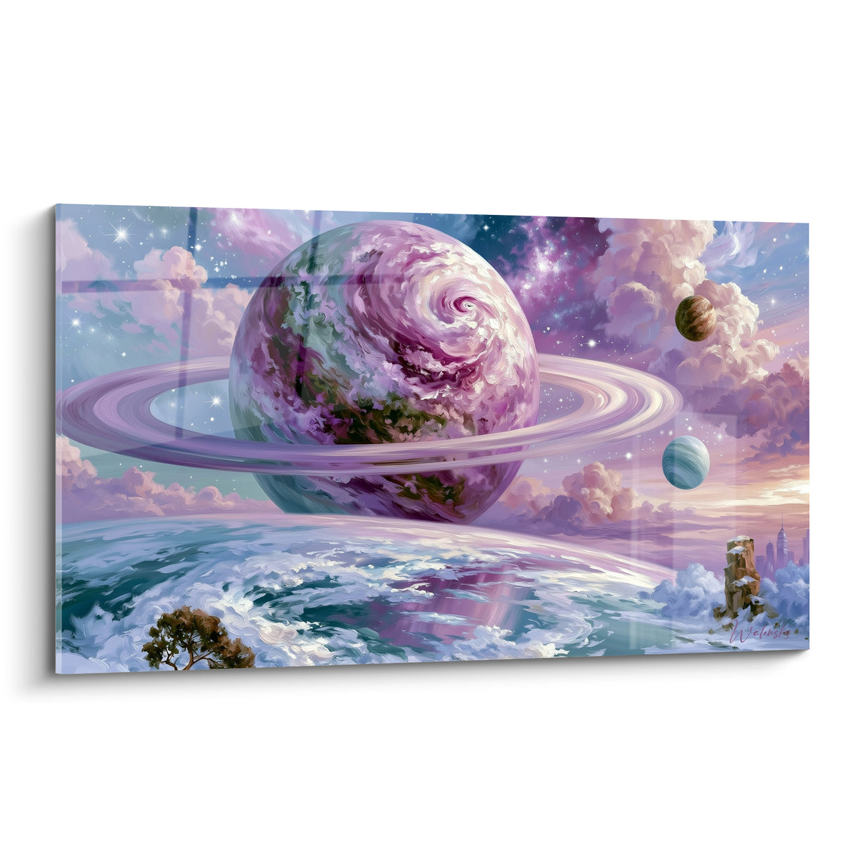 Planète mauve annelée flottant dans un ciel bleu pastel parsemé d'étoiles scintillantes