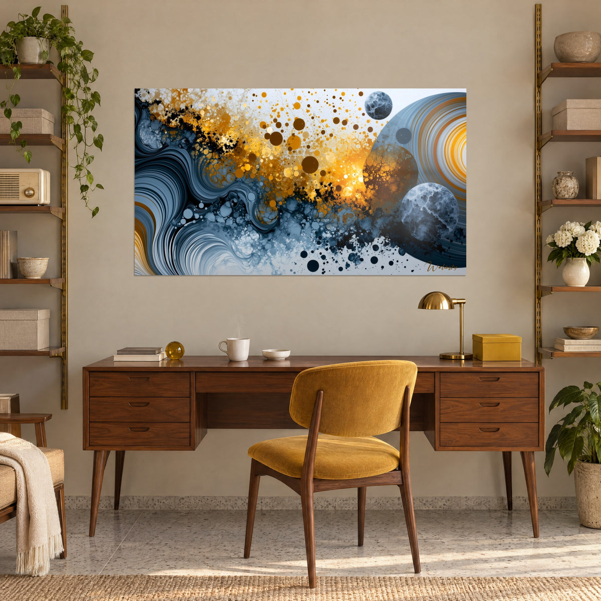 Schilderij geschilderde nevel, wolk van amberkleurige druppels op grijsblauwe golvingen, berijpte sterren rechts, opgehangen boven een houten bureau