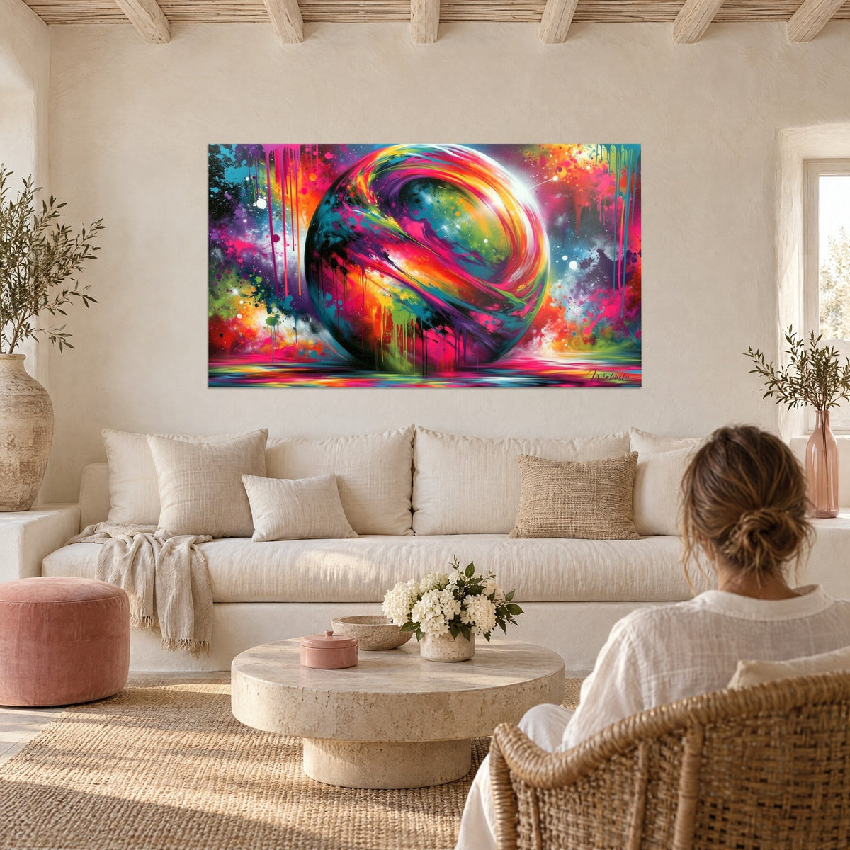 Tableau globe tourbillonnant rose et turquoise, éclaboussures orange et coulures vives, au-dessus d'un canapé dans un salon lumineux