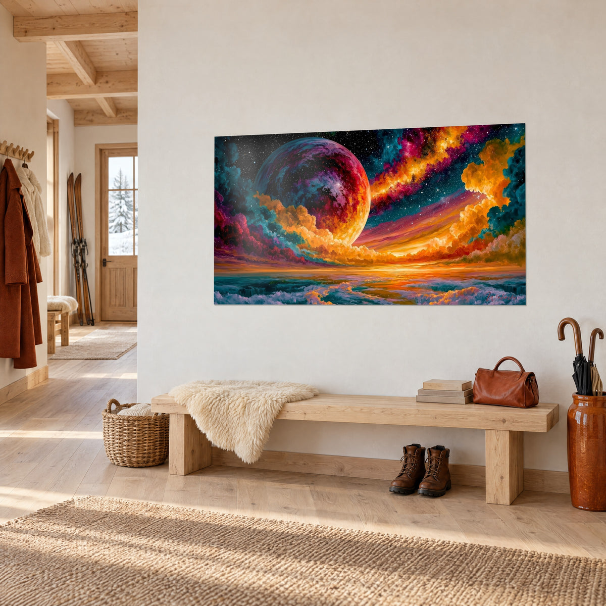 Tableau astre rouge cerclé de nuages dorés et turquoise sur ciel étoilé, accroché au-dessus d'un banc en bois dans l'entrée d'un chalet