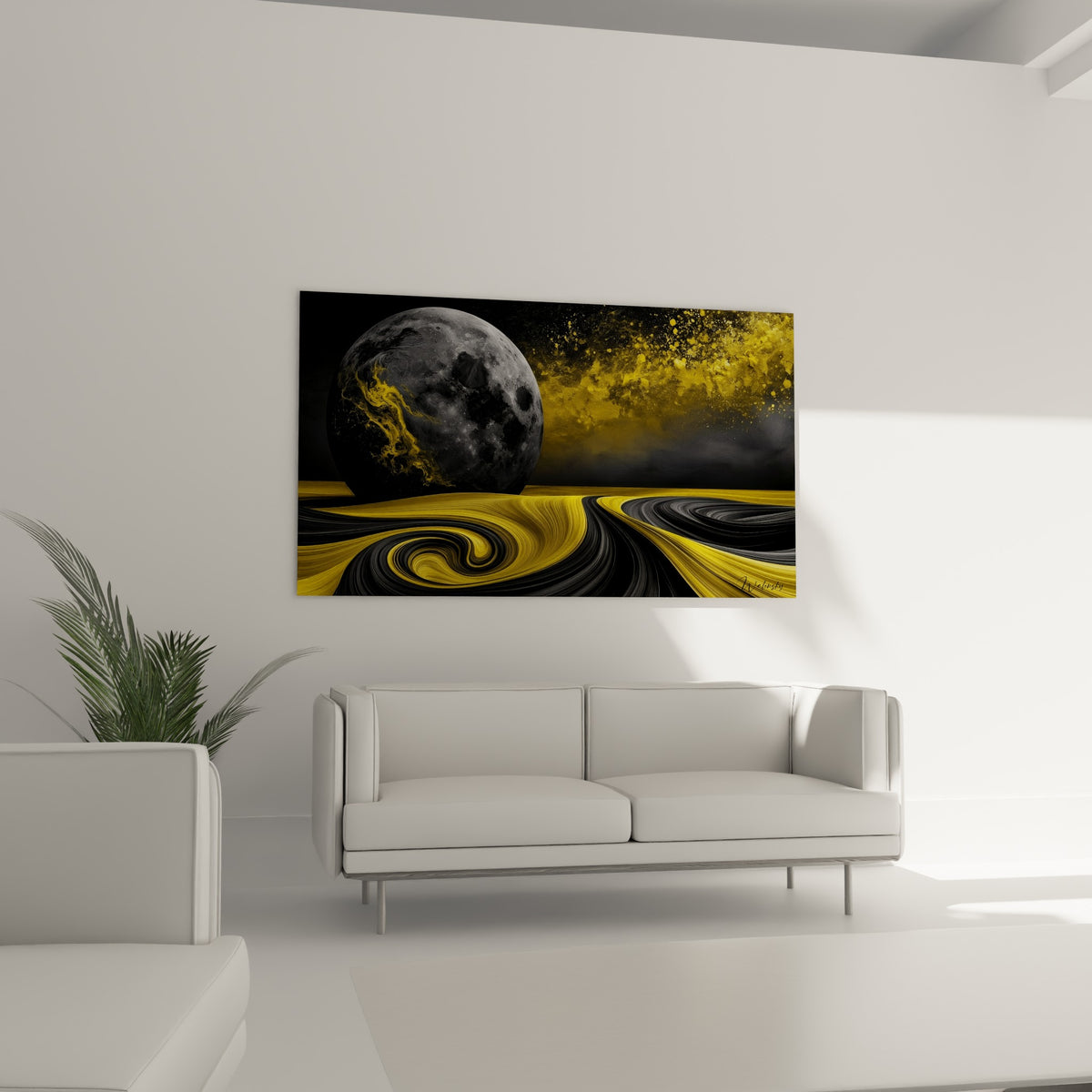 Astre anthracite entouré de nébuleuse jaune doré placé au-dessus d'un canapé dans un salon lumineux