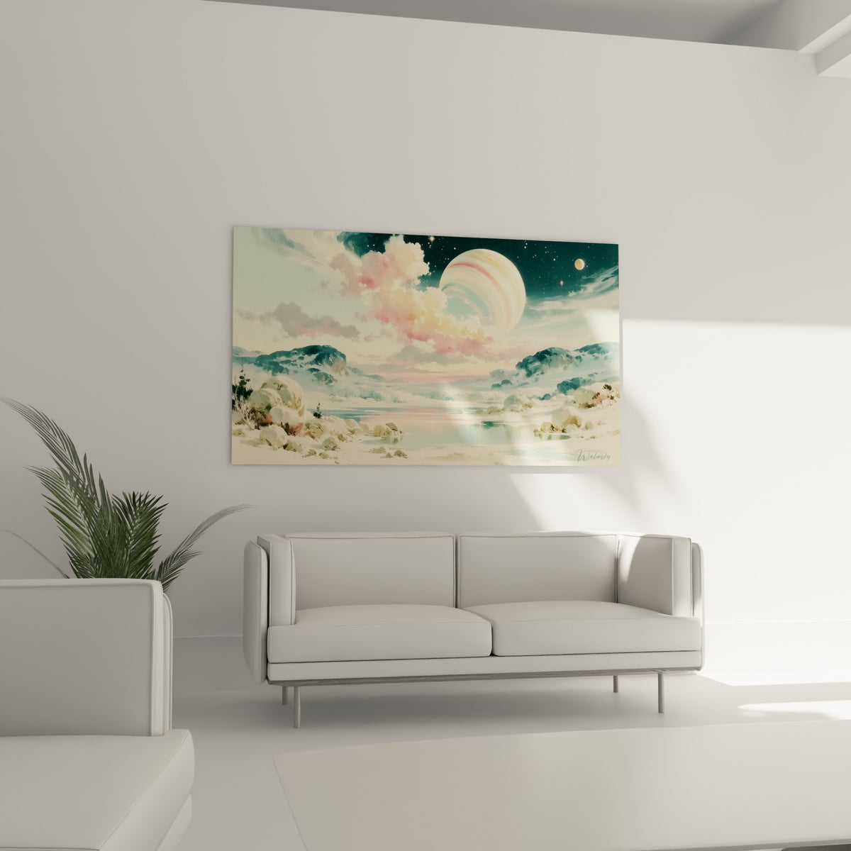 Grande planète crème et rosée flottant sur un lac vert d'eau, au-dessus d'un canapé dans un salon lumineux