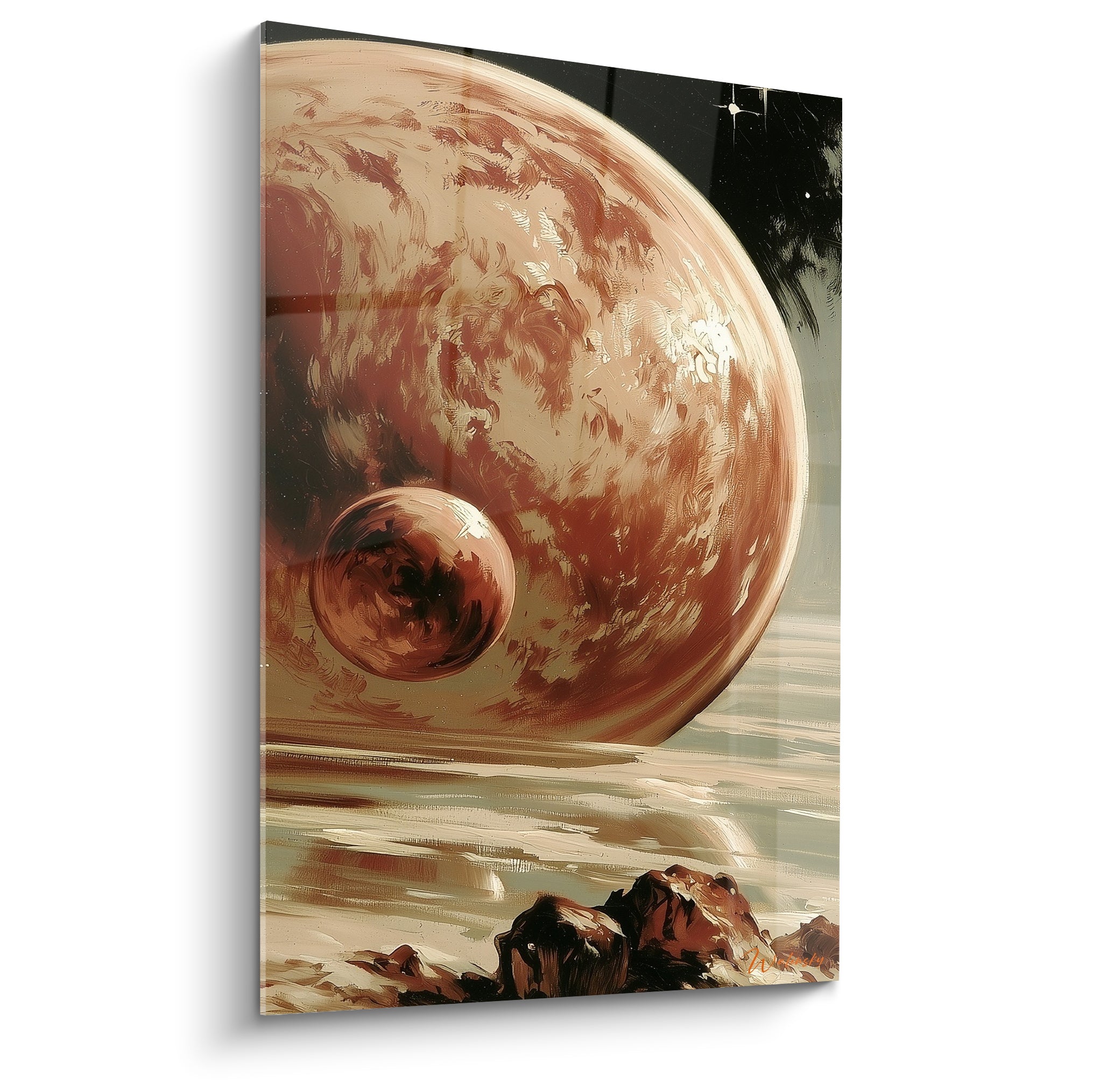 Planète ocre et sa lune terracotta flottant sur une mer beige, ciel noir étoilé