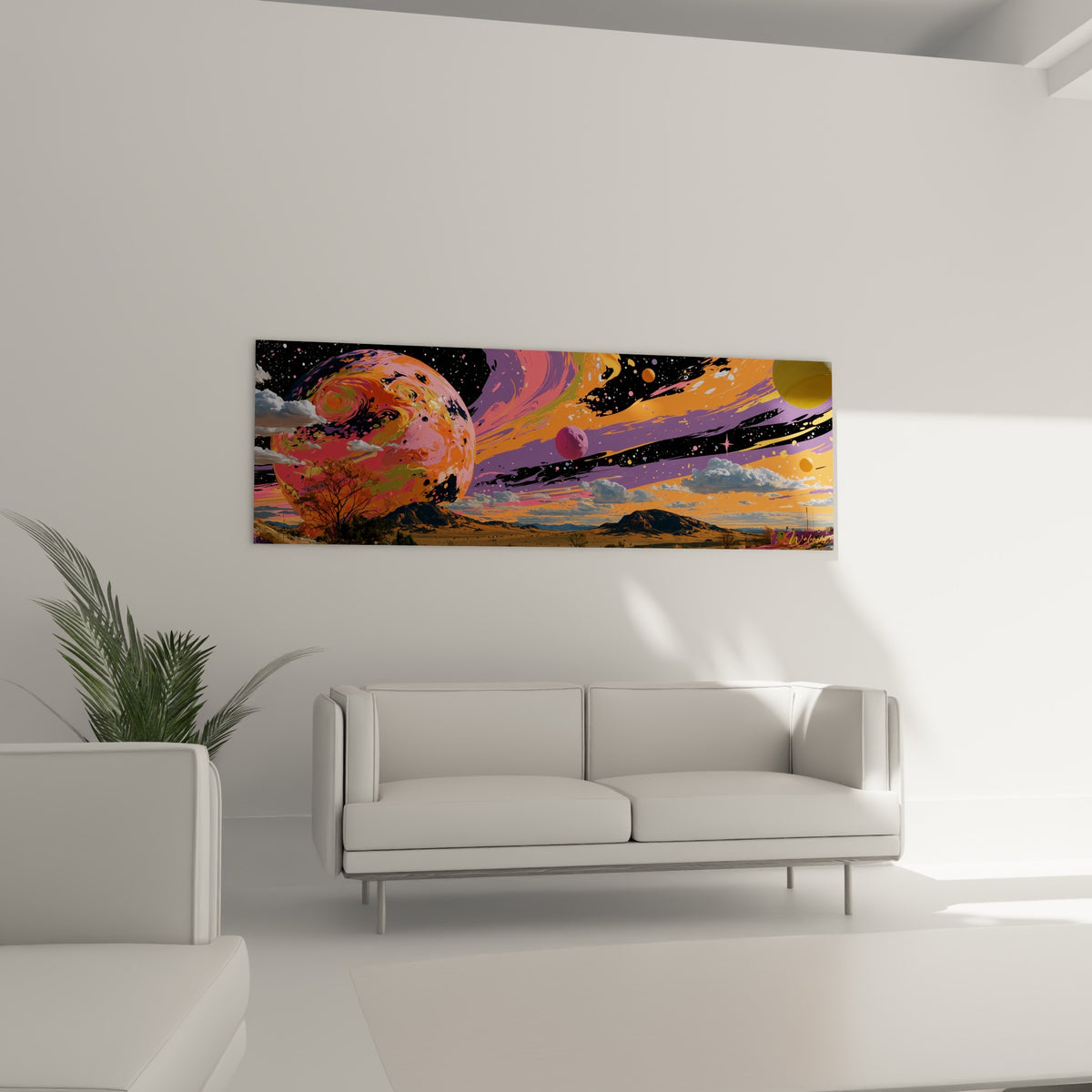 Astre orange et mauve dominant un paysage désertique, au-dessus d'un canapé dans un salon lumineux