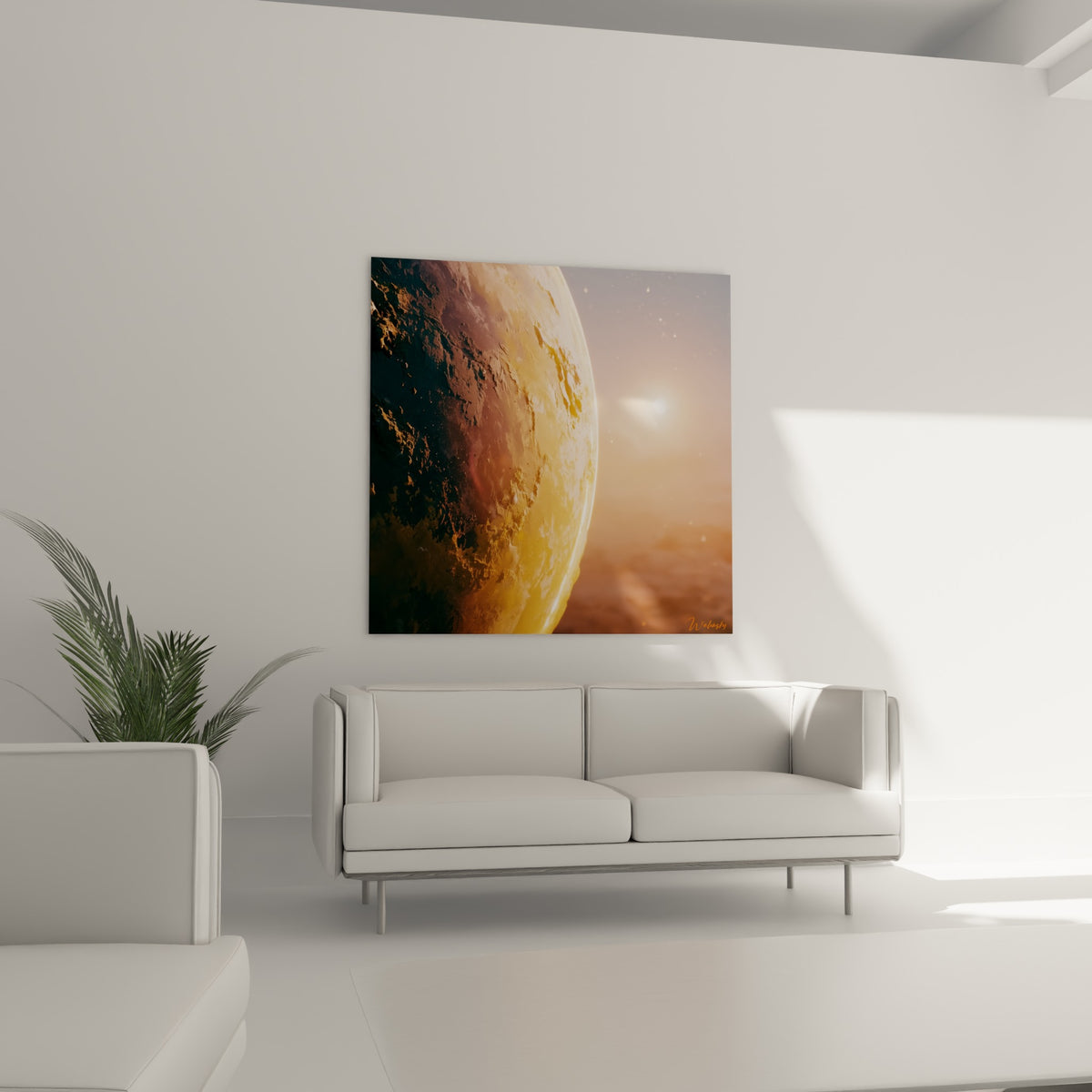Sphère cosmique ocre et anthracite au relief texturé, accrochée au-dessus d'un canapé dans un salon lumineux