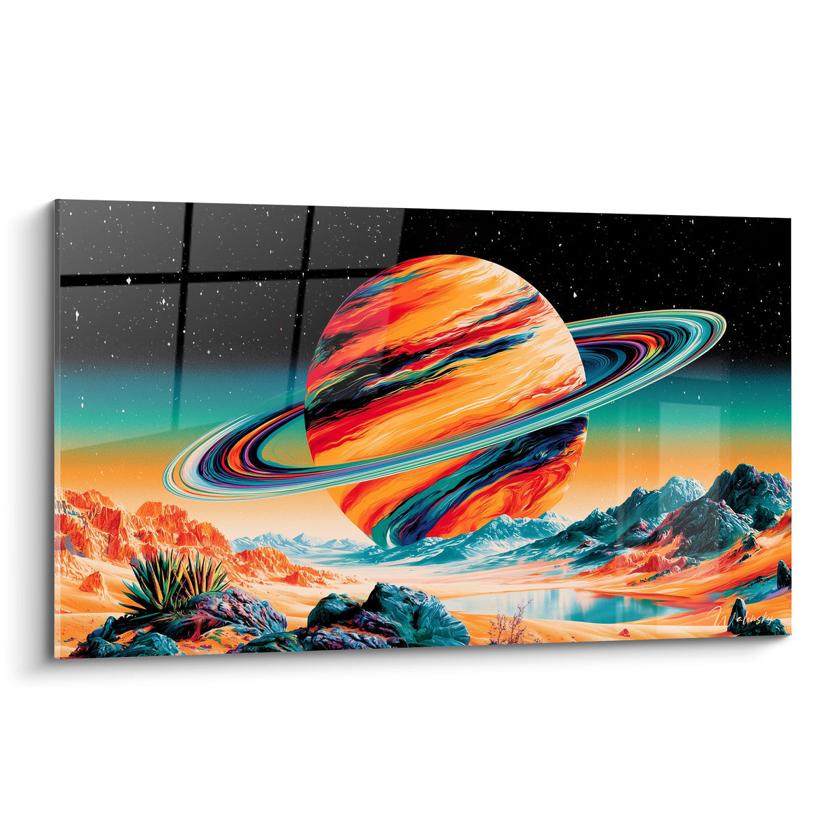 Planète orange striée de rouge et bleu marine, anneaux turquoise sur fond étoilé noir profond