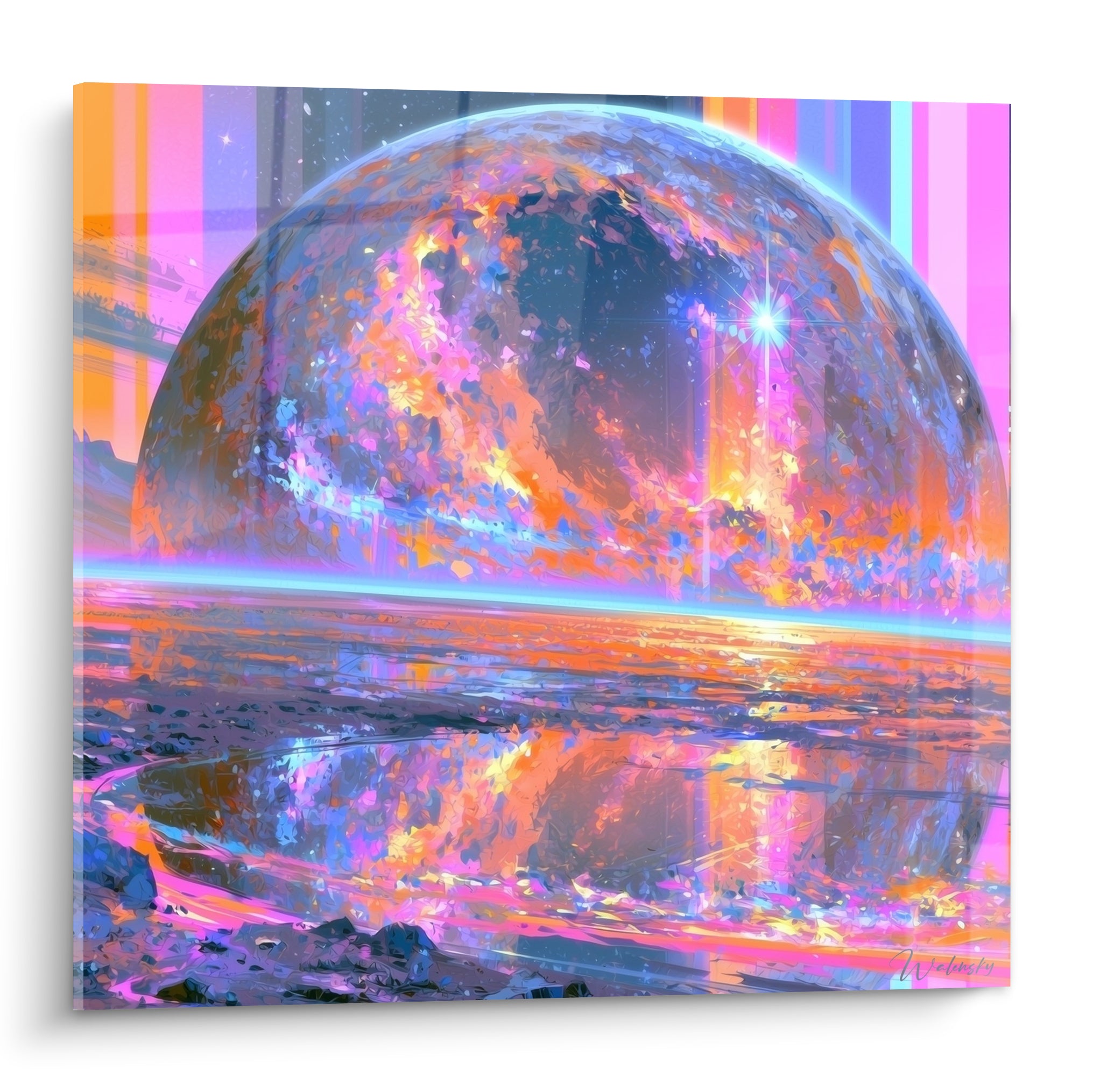 Planète orange et bleu électrique éclatée en reflets sur une mer scintillante et étoilée