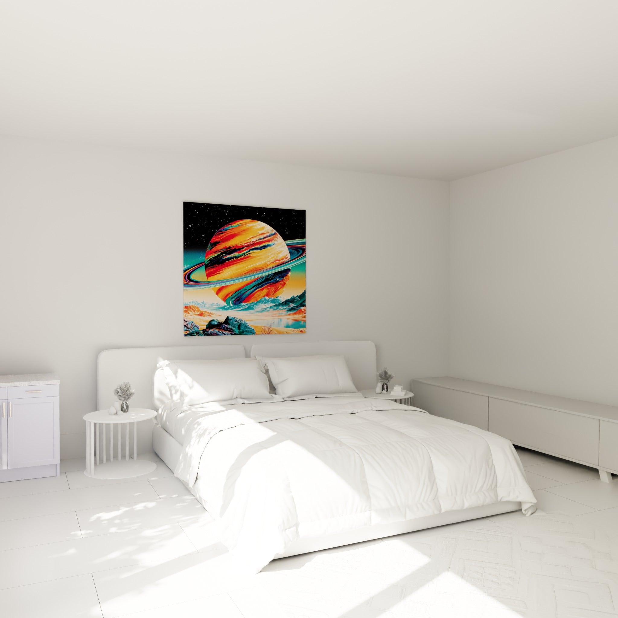 Sphère cosmique orange et turquoise flottant au-dessus d'un lit dans une chambre claire