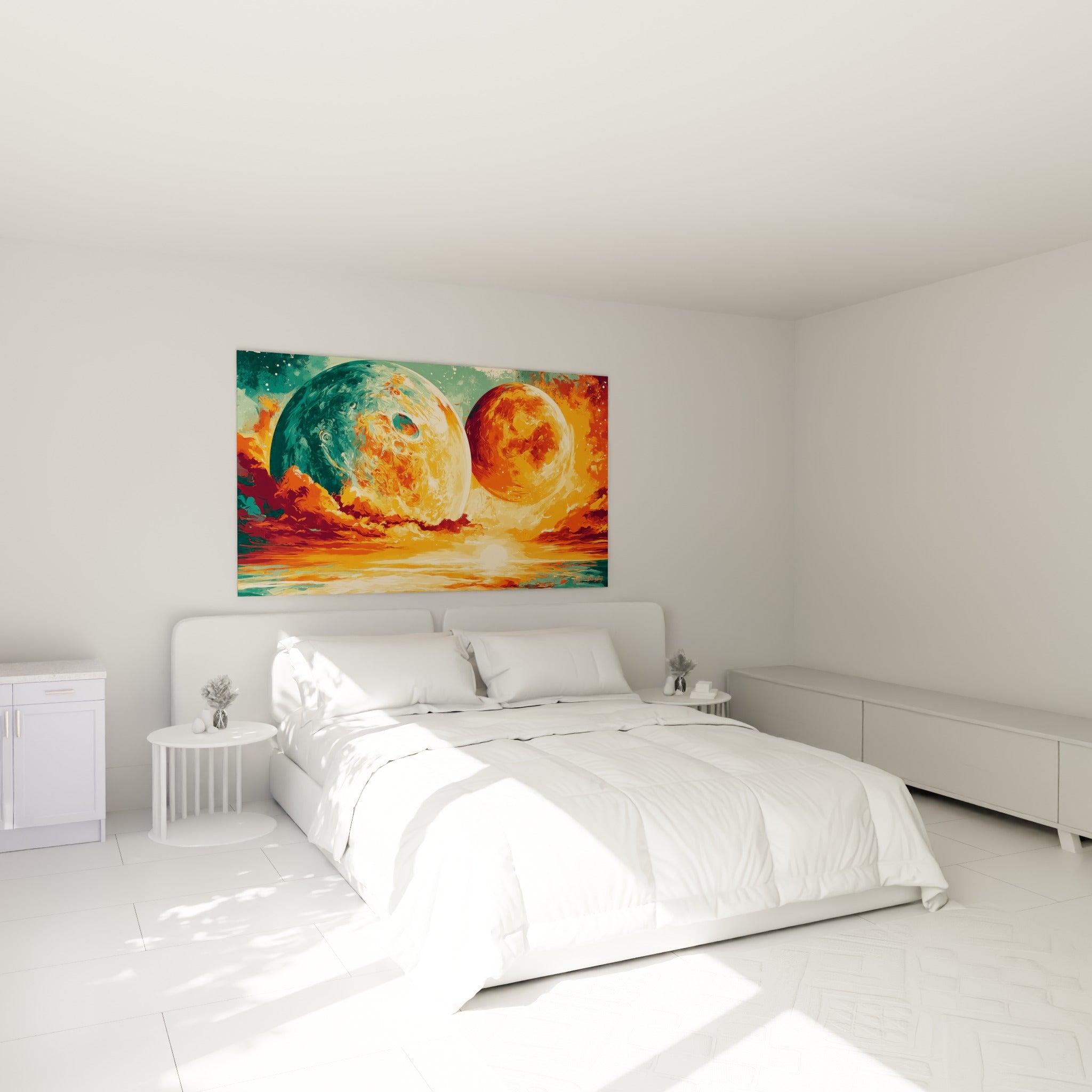 Deux sphères, turquoise profond et orange ardent, illuminent le mur au-dessus d'un lit dans une chambre claire