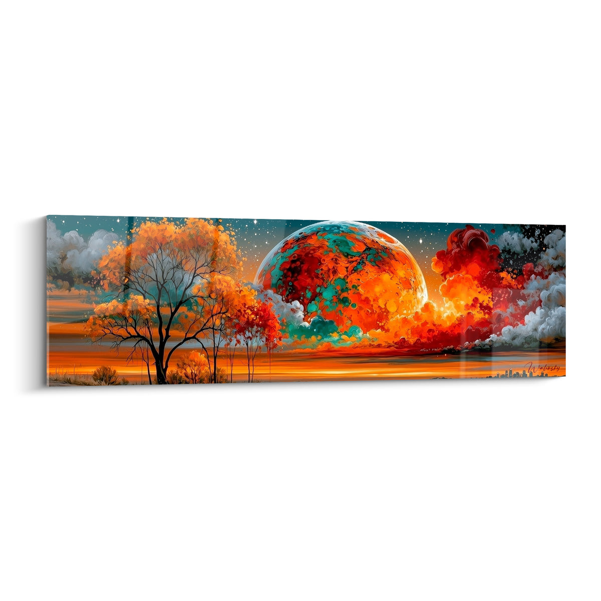 Planète orange et turquoise incandescente domine un arbre noir sur horizon doré étoilé