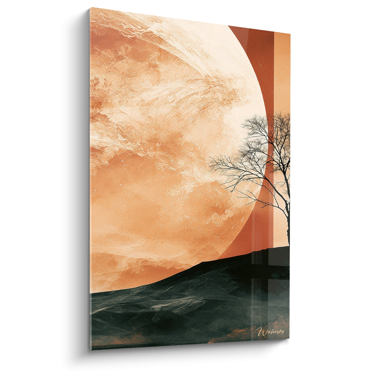 Planète orangée immense derrière un arbre noir dépouillé, ciel terracotta et sol vert anthracite