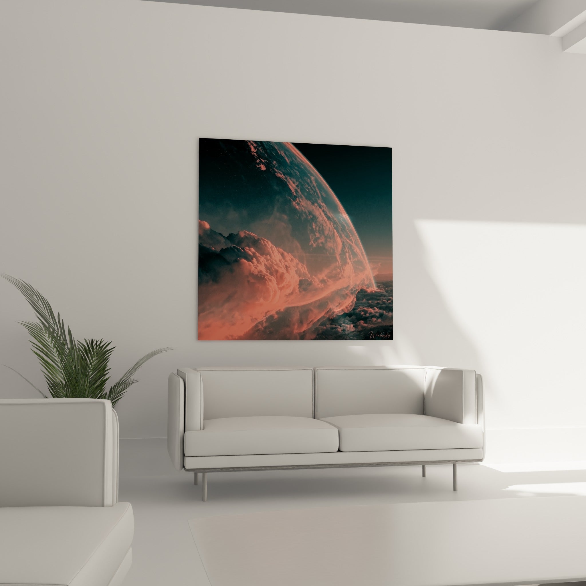 Nuages orangés tourbillonnants d'une planète cosmique au-dessus d'un canapé dans un salon lumineux
