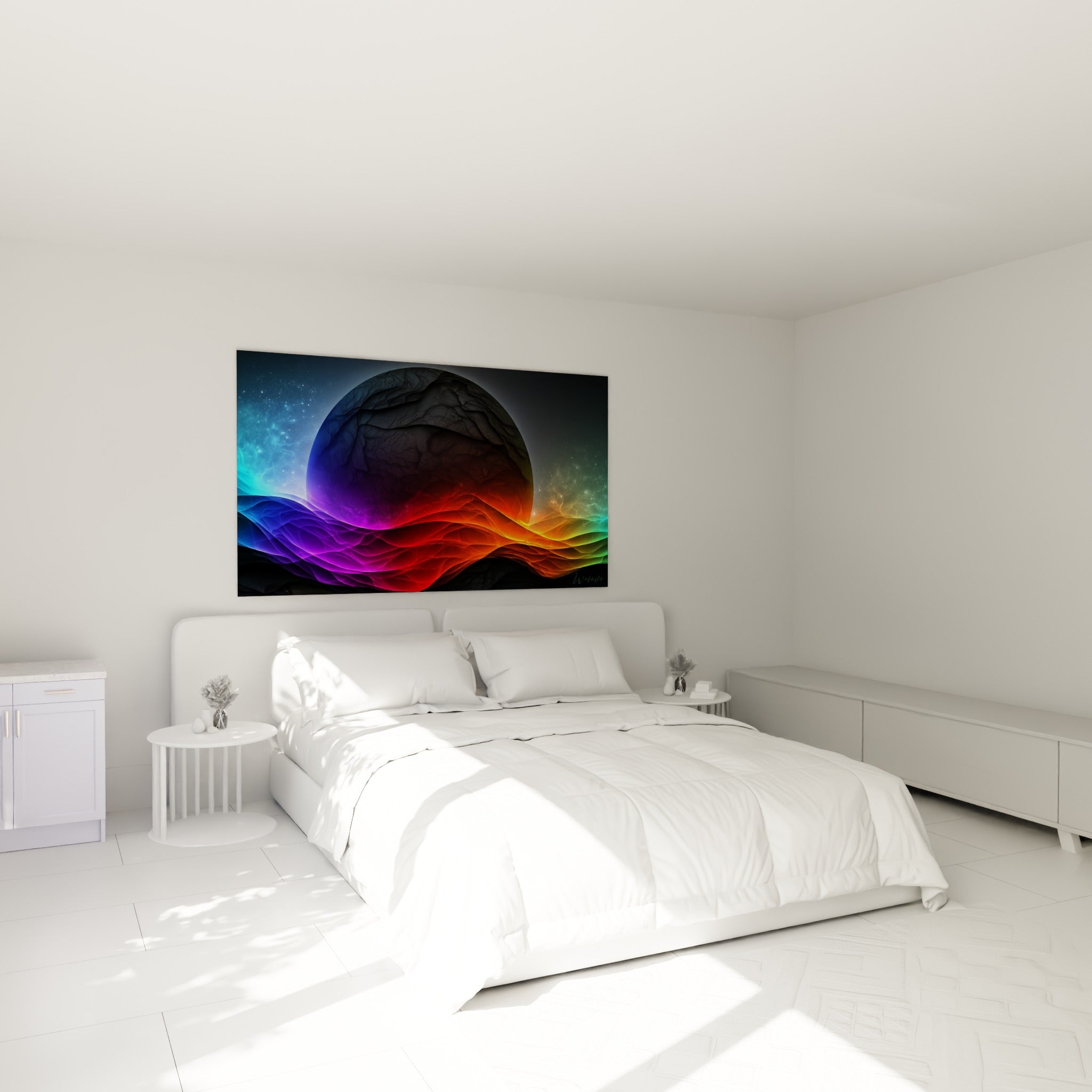Orbe anthracite et vagues violettes lumineuses composant ce tableau planète au-dessus d'un lit dans une chambre claire