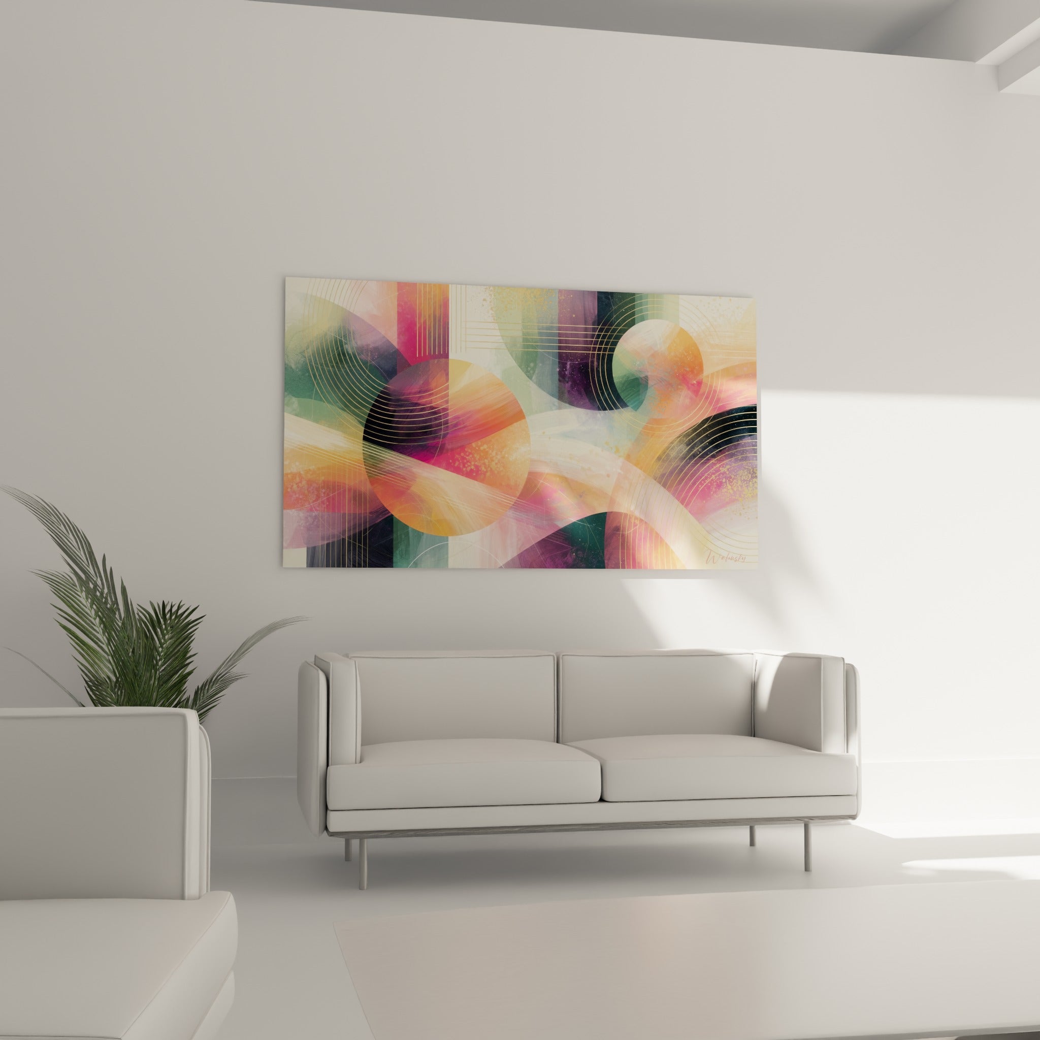 Orbites planète rose fuchsia et anthracite disposées au-dessus d'un canapé dans un salon lumineux