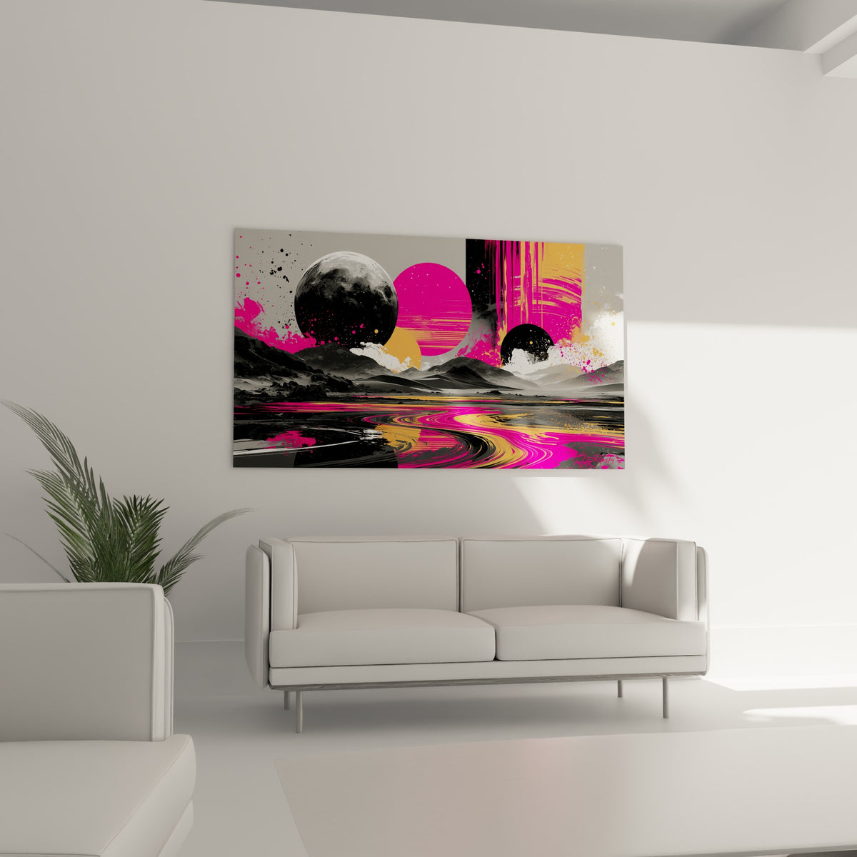 Planètes roses et orangées surplombant un paysage minéral graphique, au-dessus d'un canapé dans un salon lumineux