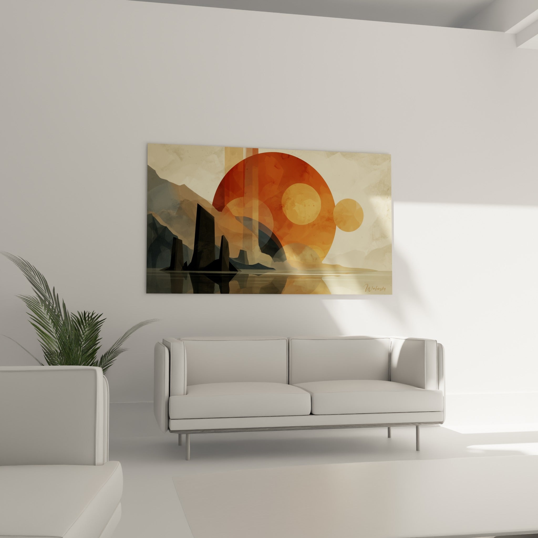Grande planète orange et petites sphères pêche surplombent des pics anthracite, au-dessus d'un canapé dans un salon lumineux.