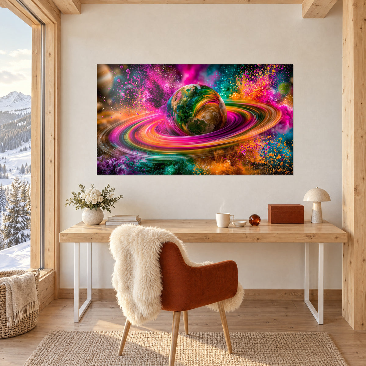 Tableau sphère terrestre ceinte d'anneaux irisés rose et orange, poudre turquoise, au-dessus d'un bureau blanc près d'une chaise rouille