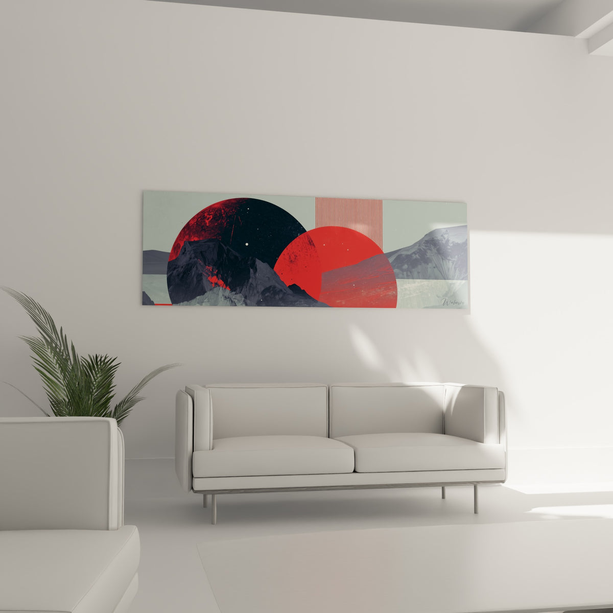 Disques rouge vif et gris anthracite dominant une montagne texturée, au-dessus d'un canapé dans un salon lumineux.