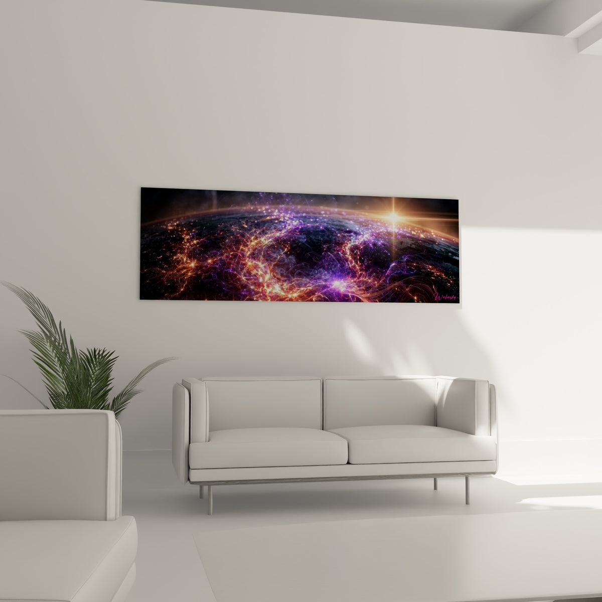 Réseau lumineux doré et violet du tableau Planète, disposé au-dessus d'un canapé dans un salon lumineux