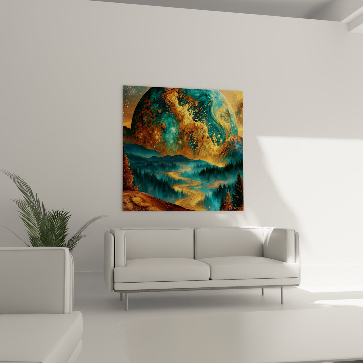 Vallée forestière et sphère céleste ocre-turquoise de ce tableau Planète, au-dessus d'un canapé dans un salon lumineux