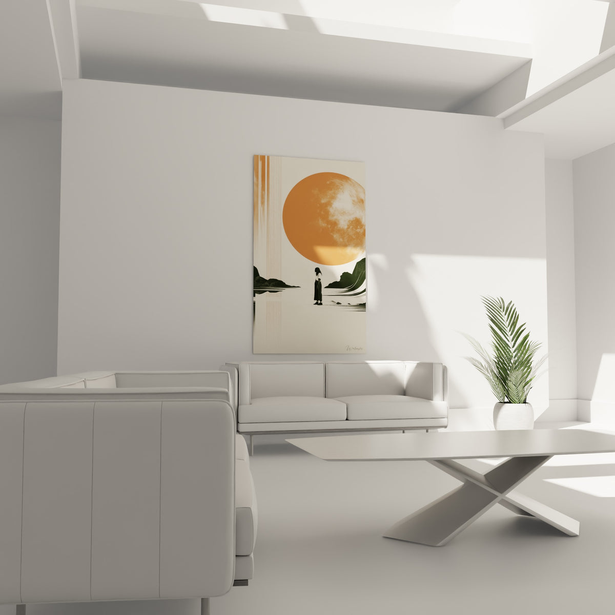 Sphère orange fumée et rochers anthracite du tableau Planète au-dessus d'un canapé dans un salon lumineux