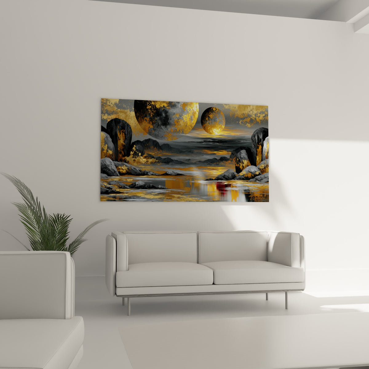 Sphères dorées et rochers gris de Planète installés au-dessus d'un canapé dans un salon lumineux.