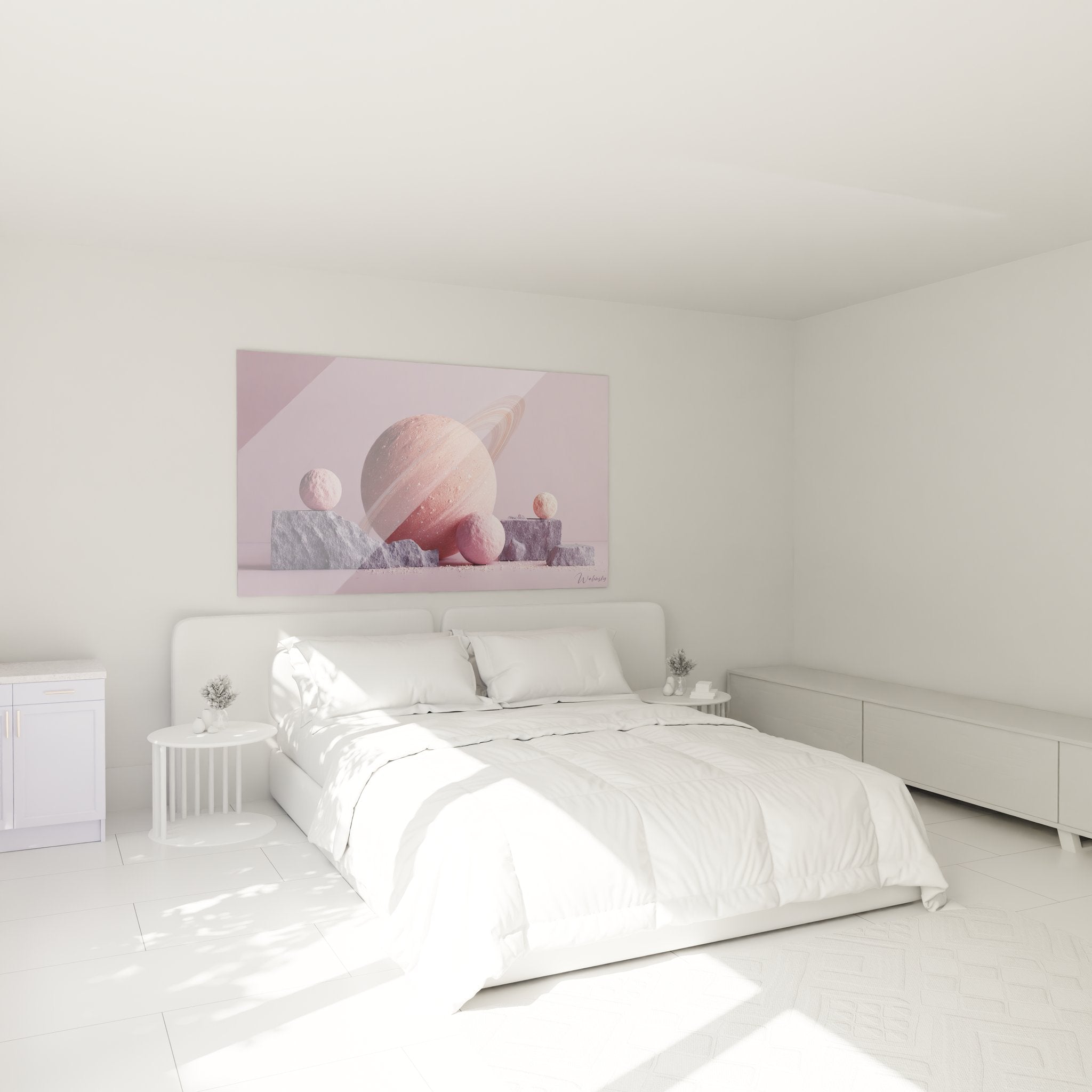 Tableau planète cosmique rose décorant une chambre moderne, ambiance spatiale minimaliste et apaisante