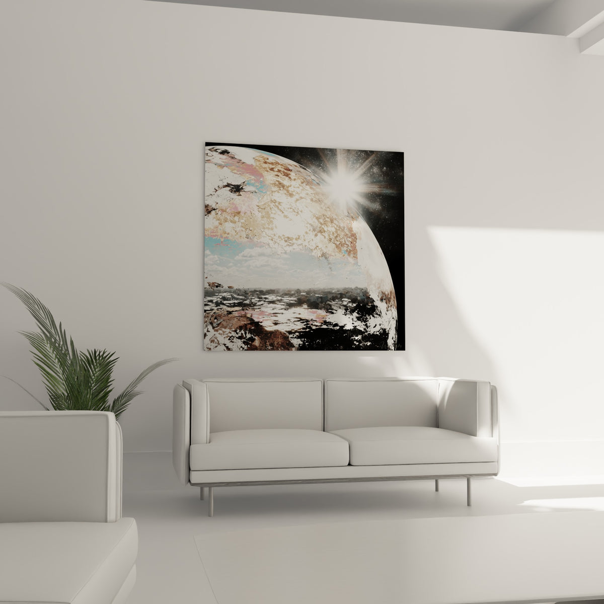 Astre rocheux blanc et rose illuminé par un soleil rayonnant au-dessus d'un canapé dans un salon lumineux