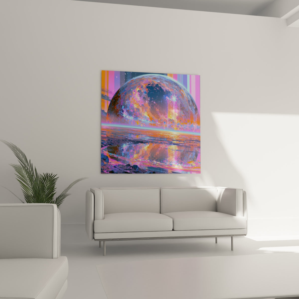 Sphère cosmique rose et bleu vif se mirant dans l'eau, au-dessus d'un canapé dans un salon lumineux