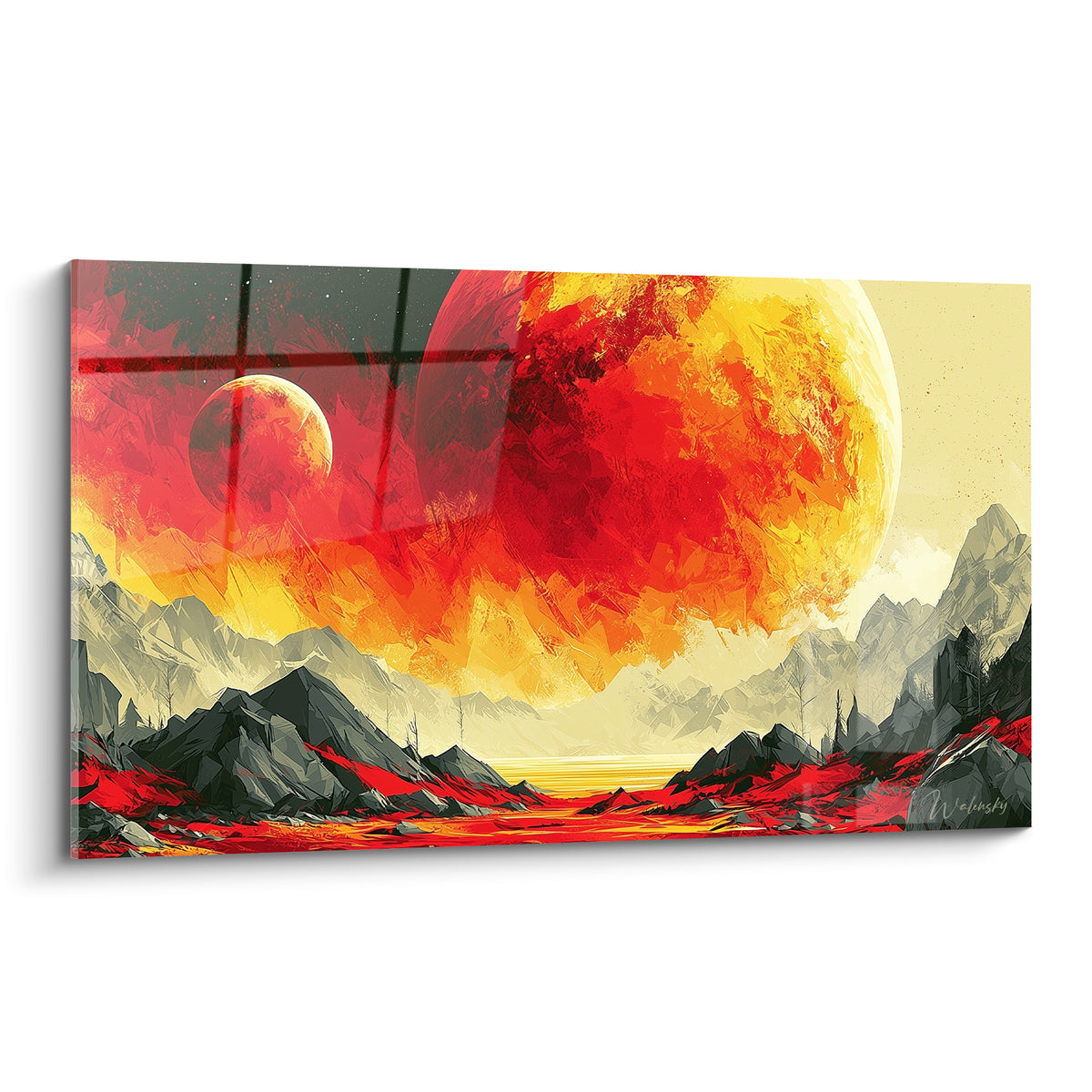 Planète rouge et jaune géante dominant des montagnes anthracite en surimpression graphique