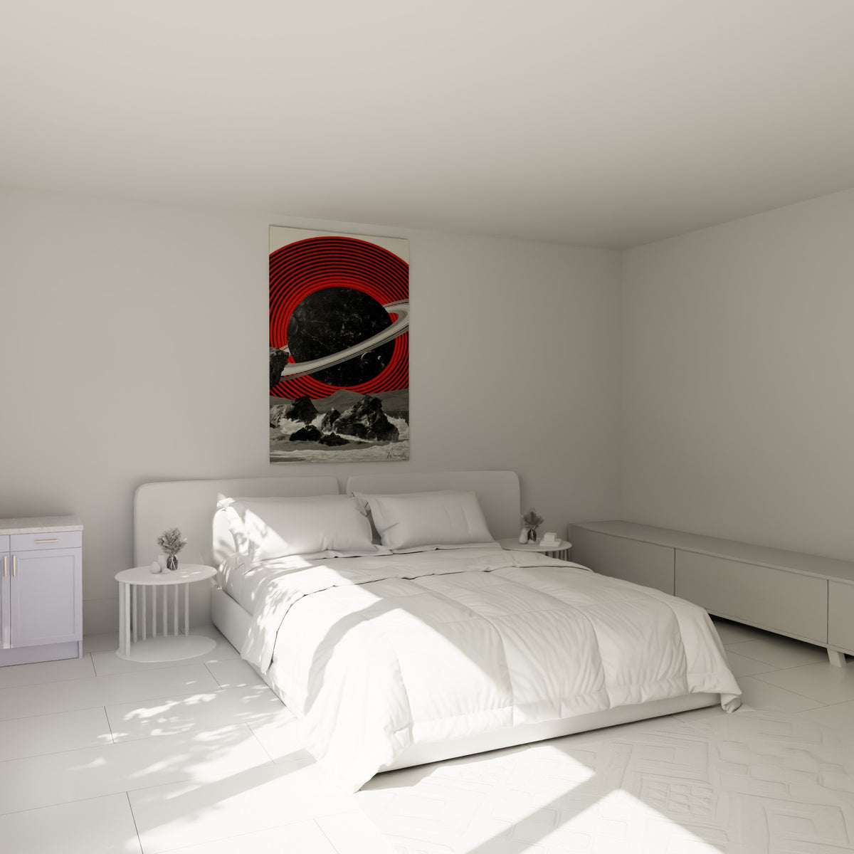 Astre noir cerné d'un anneau rouge intense accroché au-dessus d'un lit dans une chambre claire.