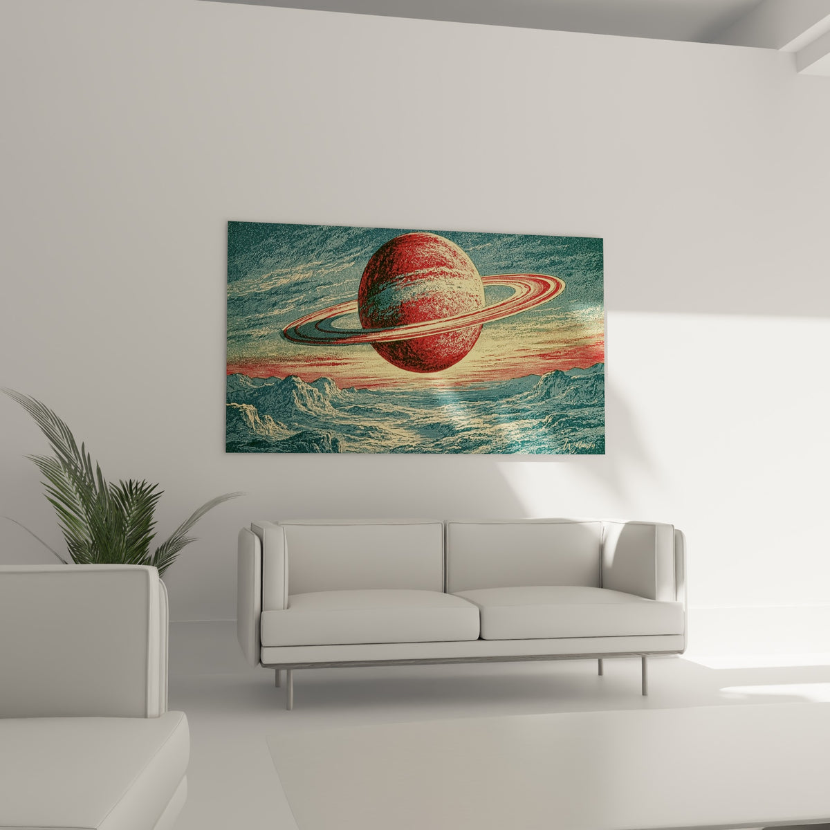 Saturne rouge et ses anneaux dorés dominant des crêtes sombres, au-dessus d'un canapé dans un salon lumineux