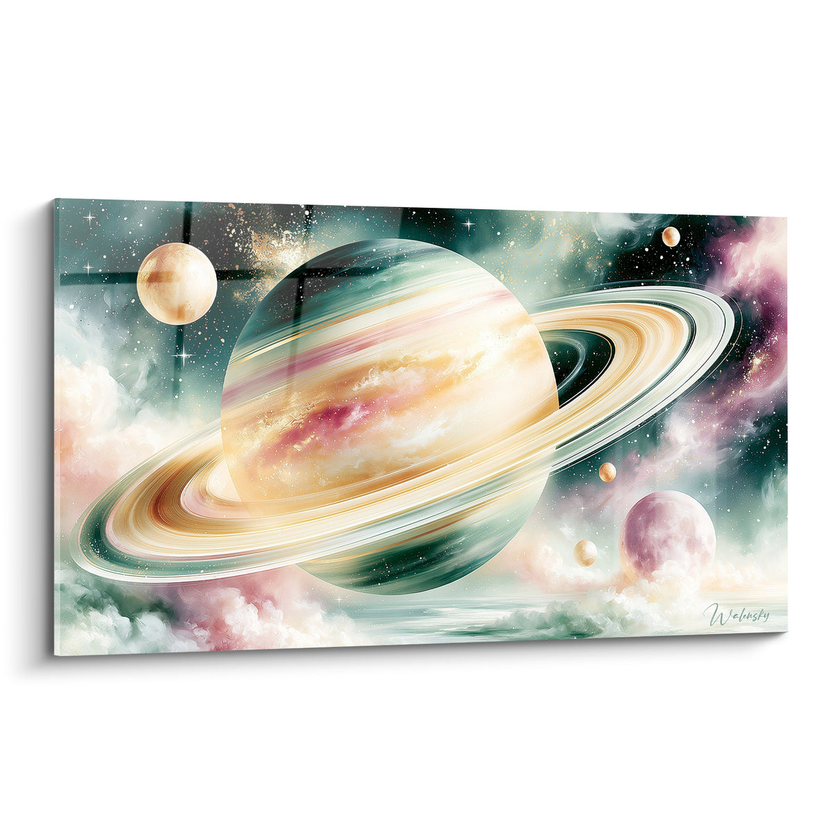 Saturne dorée et sa nébuleuse rose déploient leurs anneaux sur fond étoilé anthracite profond