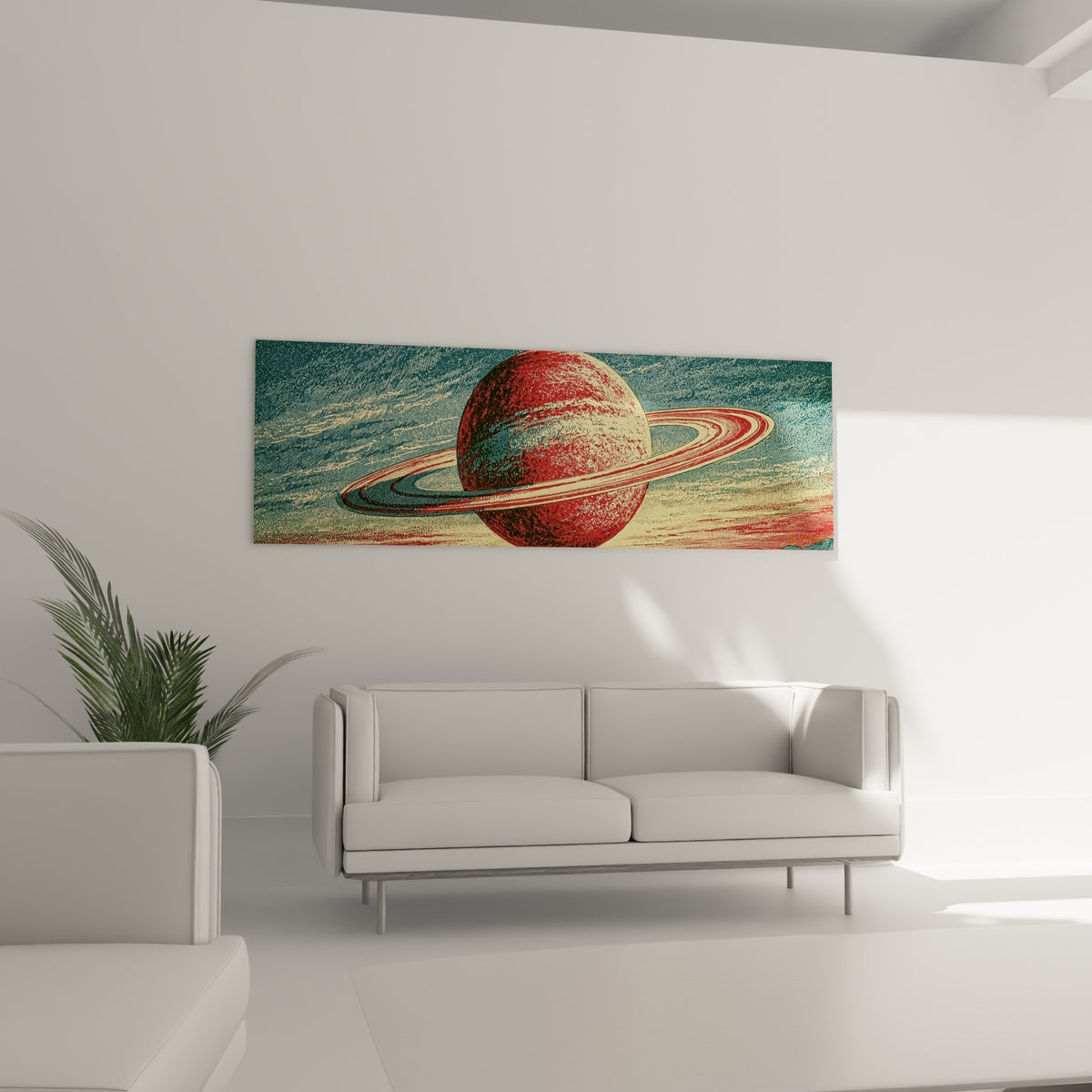 Sphère rouge brique cerclée d'anneaux ocre sur ciel bleu pétrole, au-dessus d'un canapé dans un salon lumineux