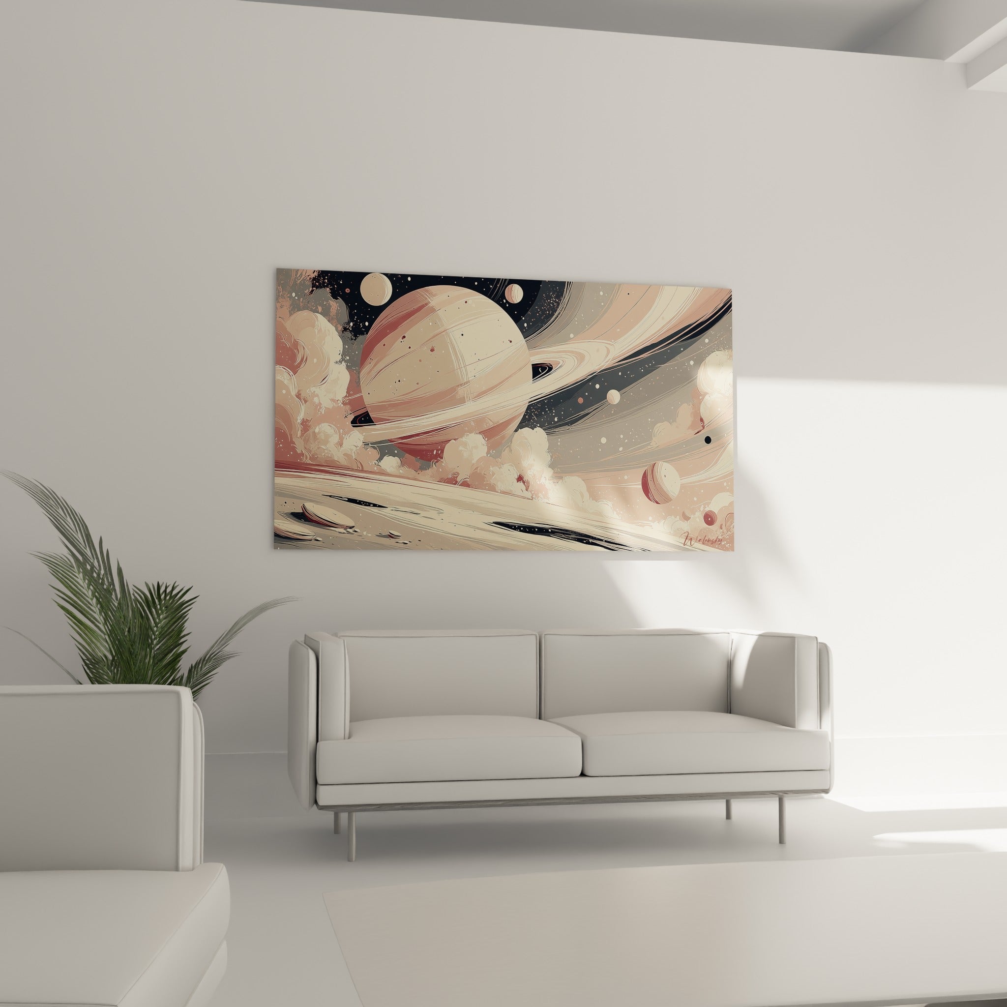 Saturne stylisée en rose terracotta et beige avec lunes flottantes, au-dessus d'un canapé dans un salon lumineux