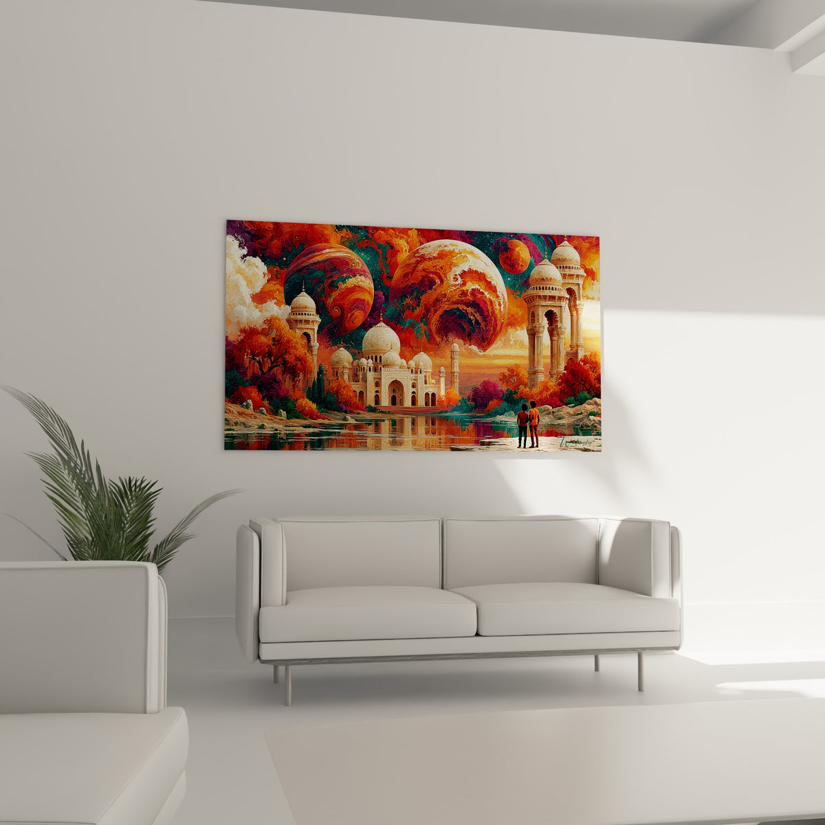Dômes blancs et ciel orange violet d'un palais cosmique, œuvre au-dessus d'un canapé dans un salon lumineux