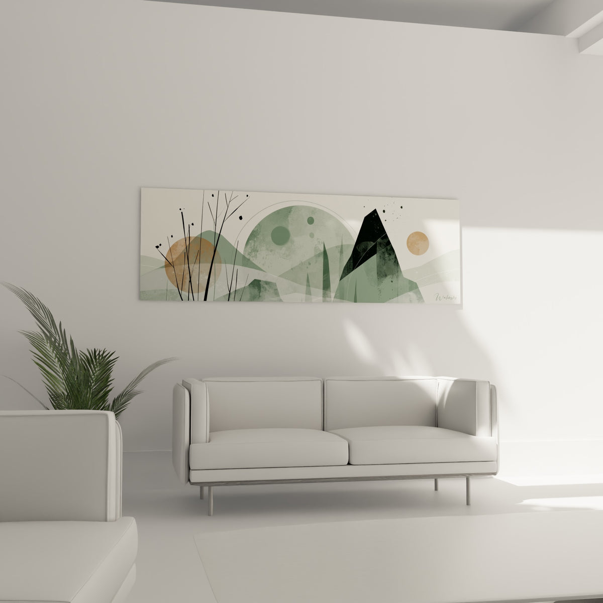 Paysage vert sauge et sphères camel du tableau Planète suspendu au-dessus d'un canapé dans un salon lumineux