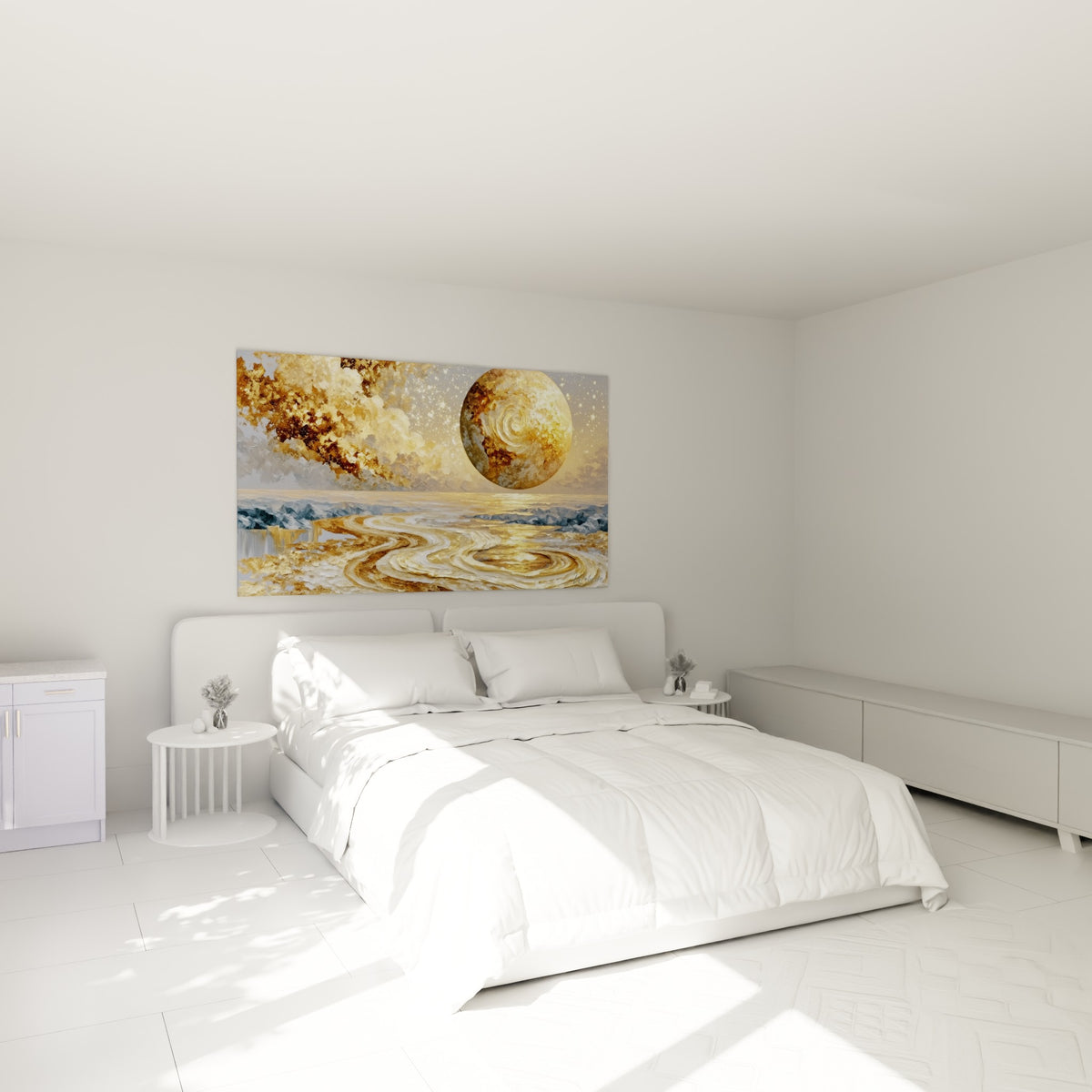 Sphère céleste dorée et bleu pastel entourée d'étoiles, accrochée au-dessus d'un lit dans une chambre claire
