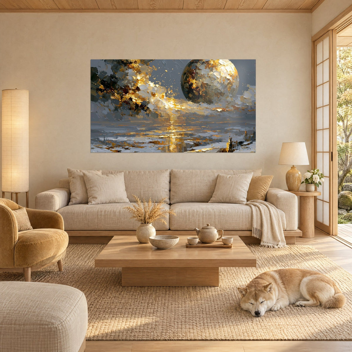Tableau sphère dorée suspendue dans un ciel gris, éclaboussures d'or sur l'eau, Shiba endormi, au-dessus d'un canapé dans un salon lumineux