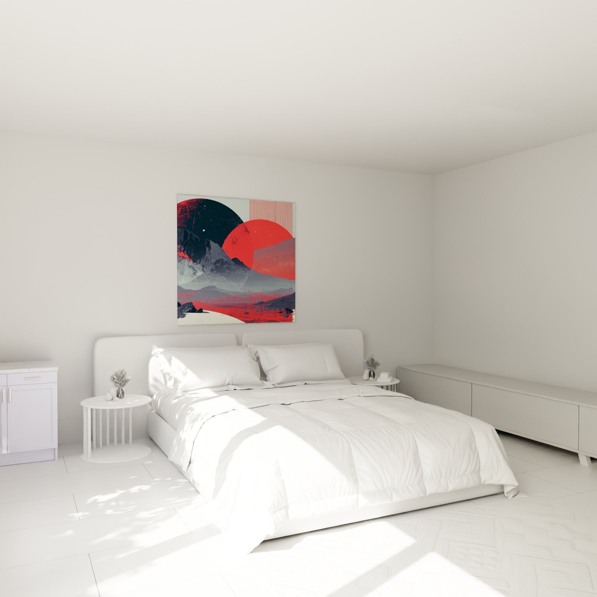Sphères rouge et gris anthracite du tableau Planète surplombent un lit dans une chambre claire.