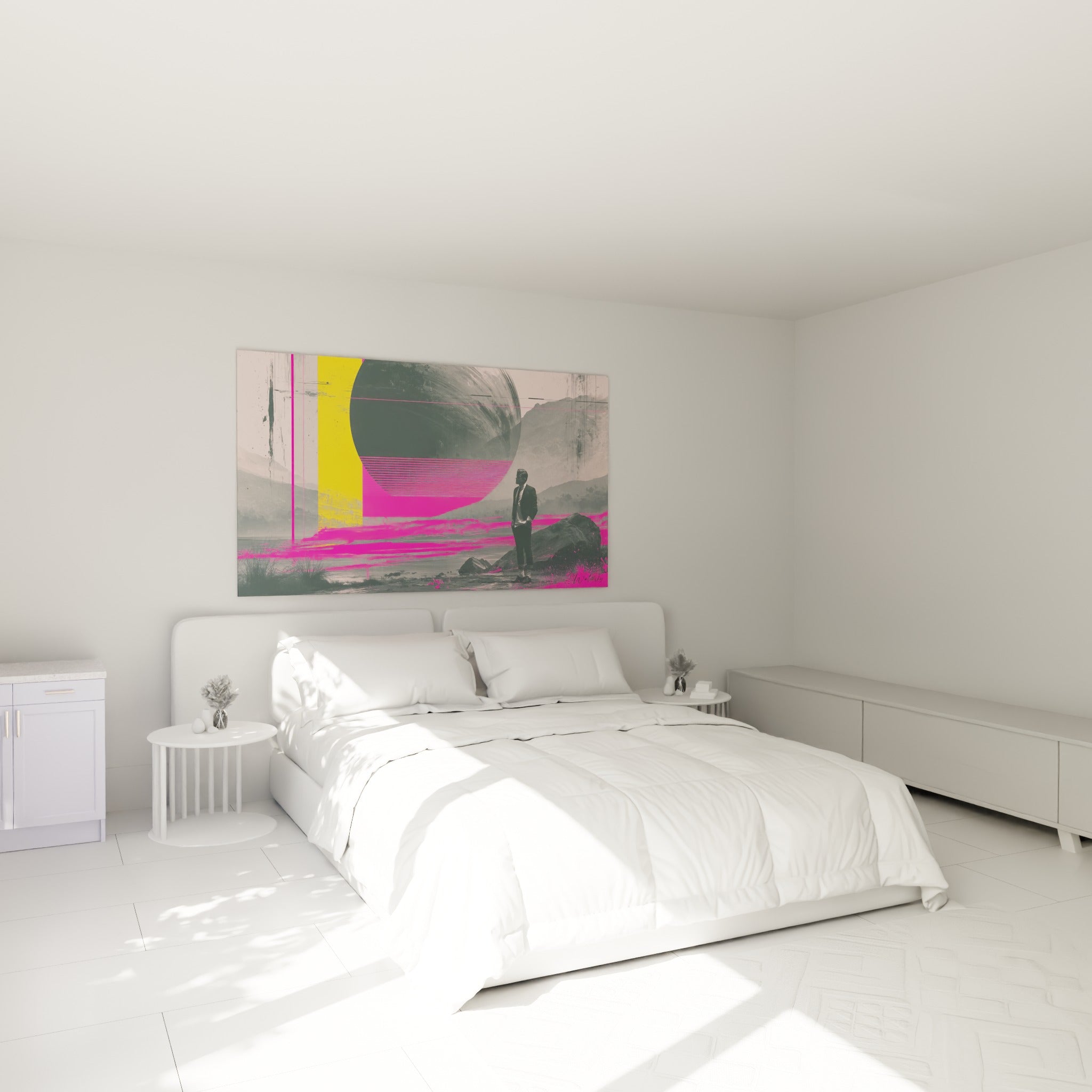 Homme contemplant une sphère fuchsia et grise, tableau Planète au-dessus d'un lit dans une chambre claire
