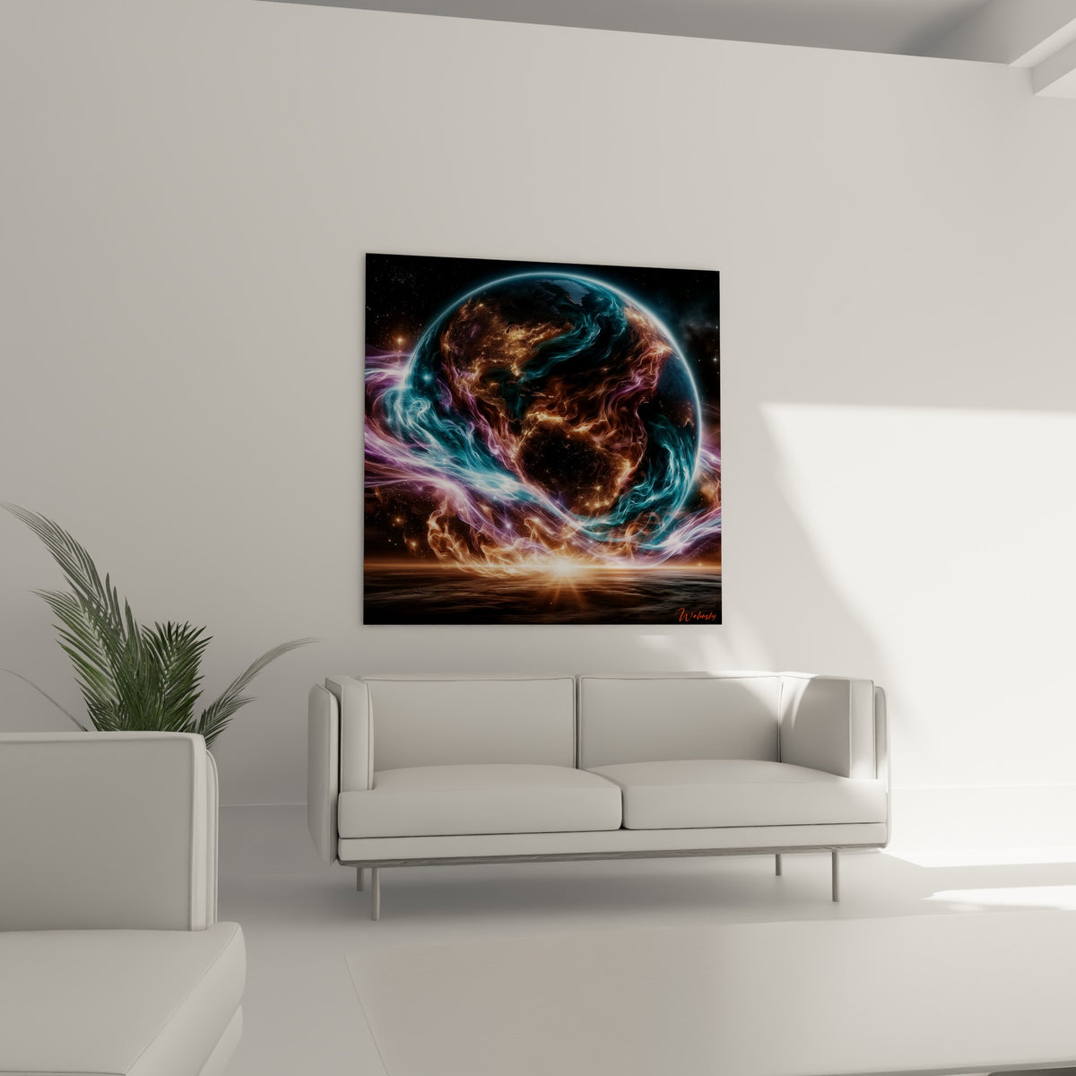 Sphère cosmique turquoise et ocre baignée de lumière, suspendue au-dessus d'un canapé dans un salon lumineux