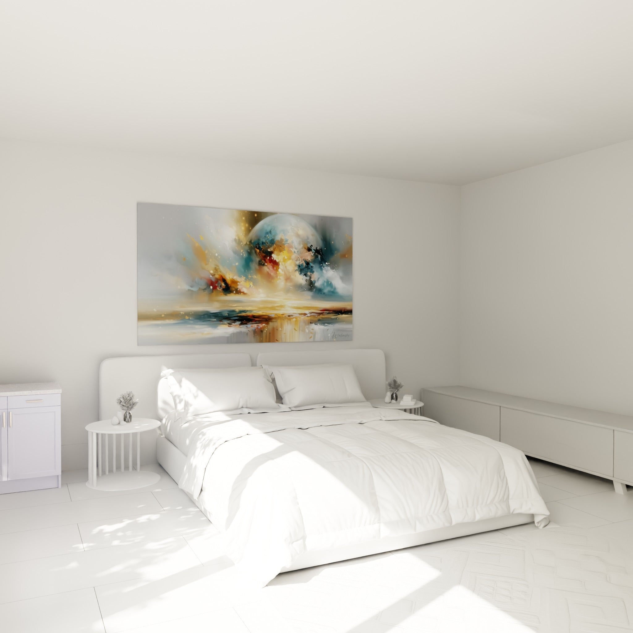 Sphère céleste bleu marine et ocre en mouvement, accrochée au-dessus d'un lit dans une chambre claire