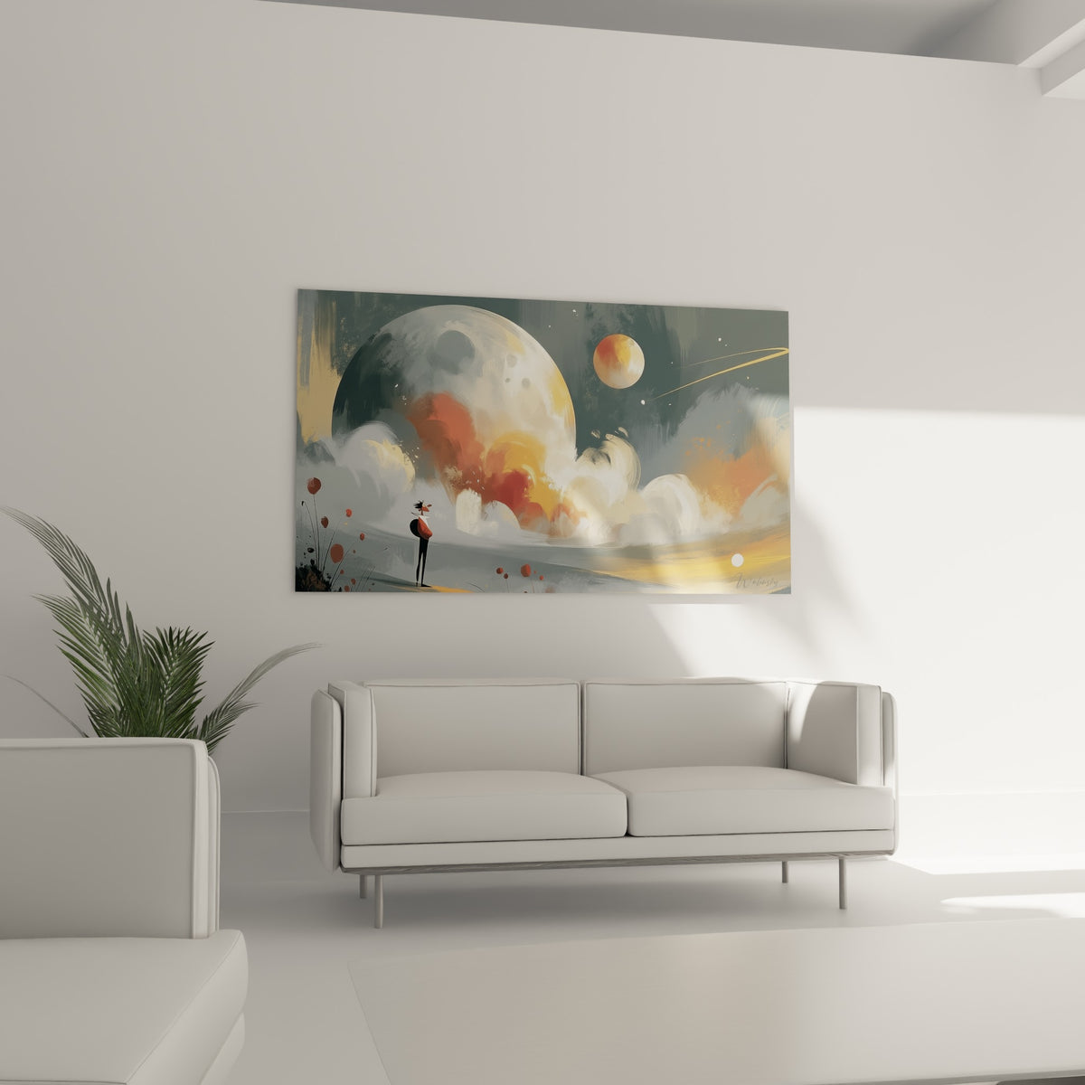 Personnage minuscule devant une planète blanche et une sphère orange, au-dessus d'un canapé dans un salon lumineux